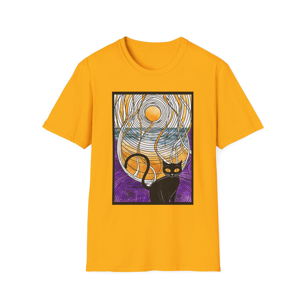 Sunlit Waves Art Tee — Black Cat & Golden Moon Graphic T-Shirt