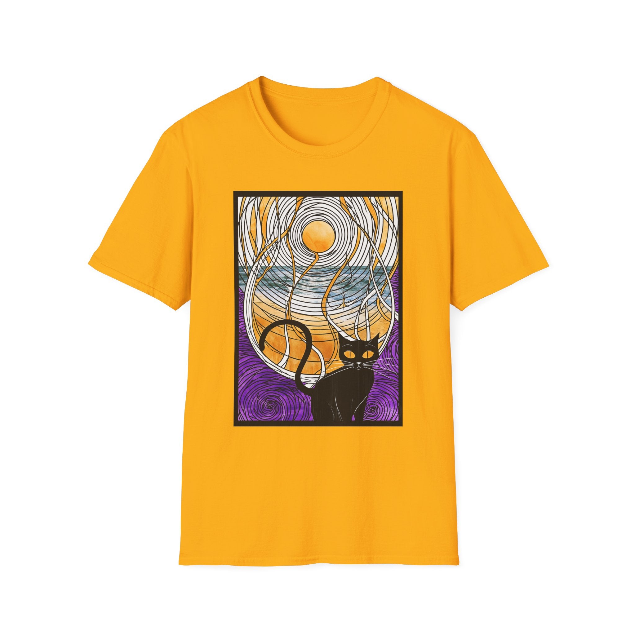 Sunlit Waves Art Tee — Black Cat & Golden Moon Graphic T-Shirt