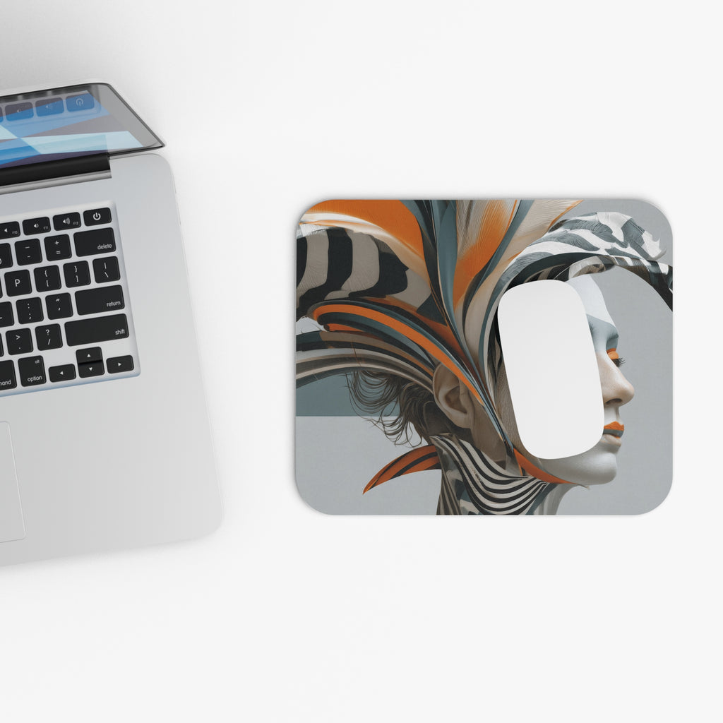 Abstract Futurist Portrait Mouse Pad — Modern Orange & Gray Desk Art