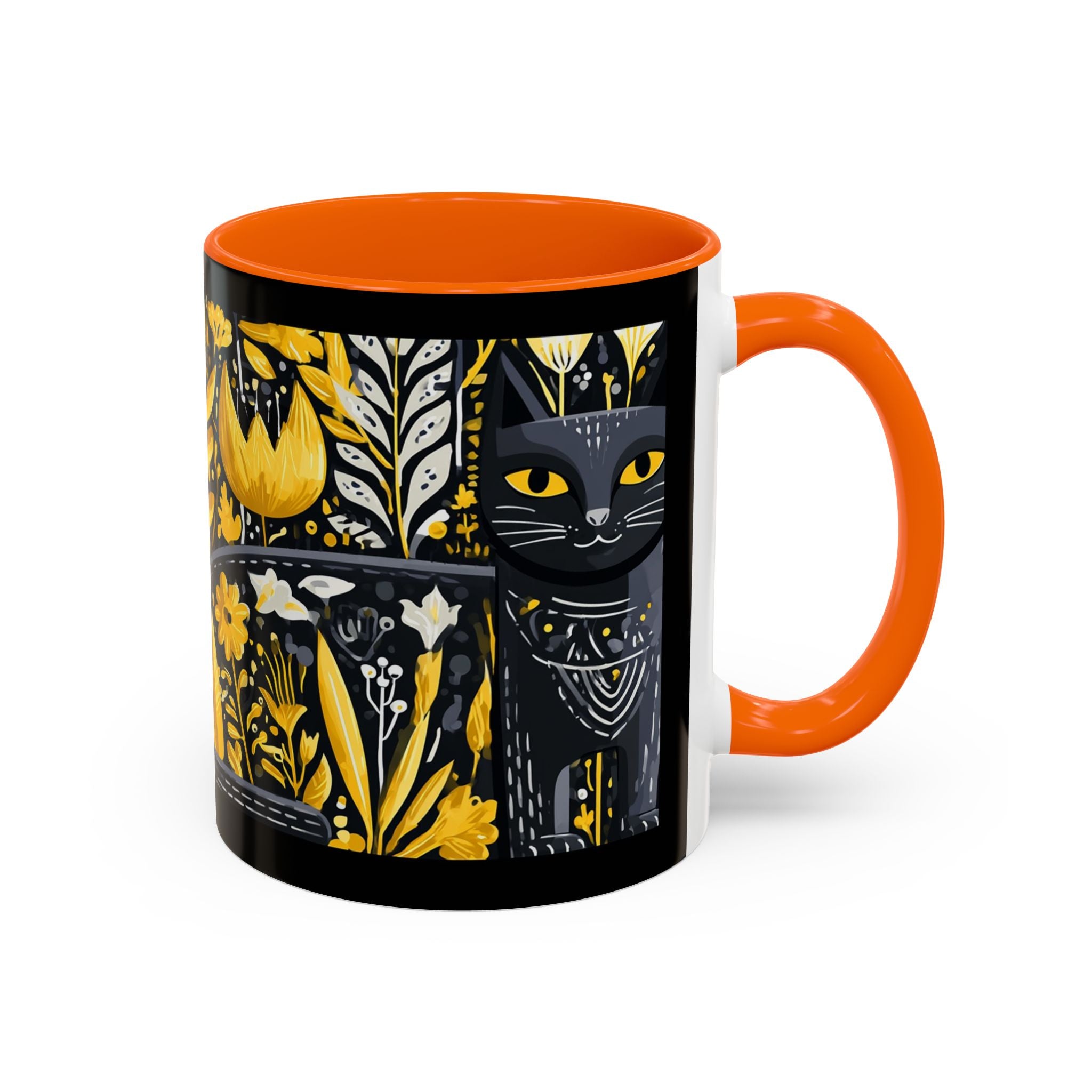 Black & Gold Cat Floral Coffee Mug — Whimsical Botanical Cat Accent Mug (11/15oz)