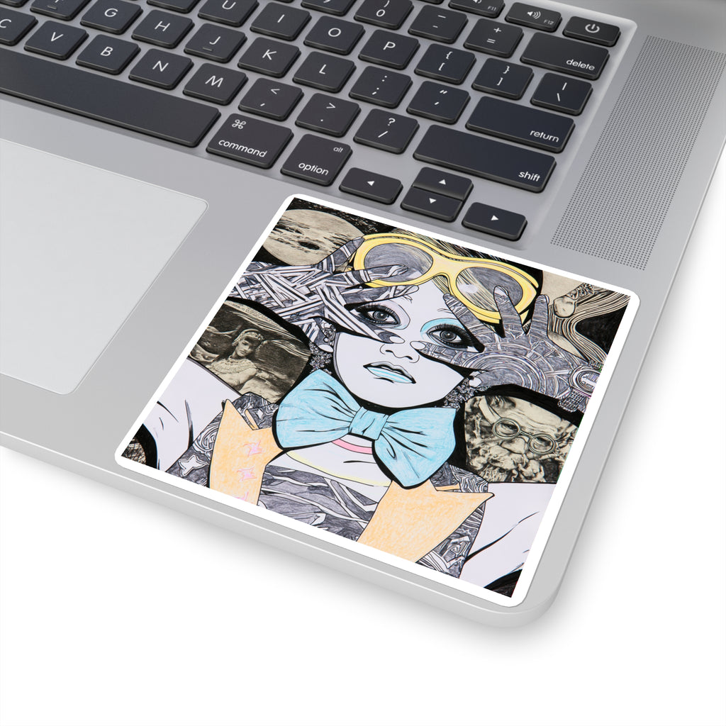 Surreal Vintage Girl Illustration Square Sticker — Retro Goggles & Bow Tie Art