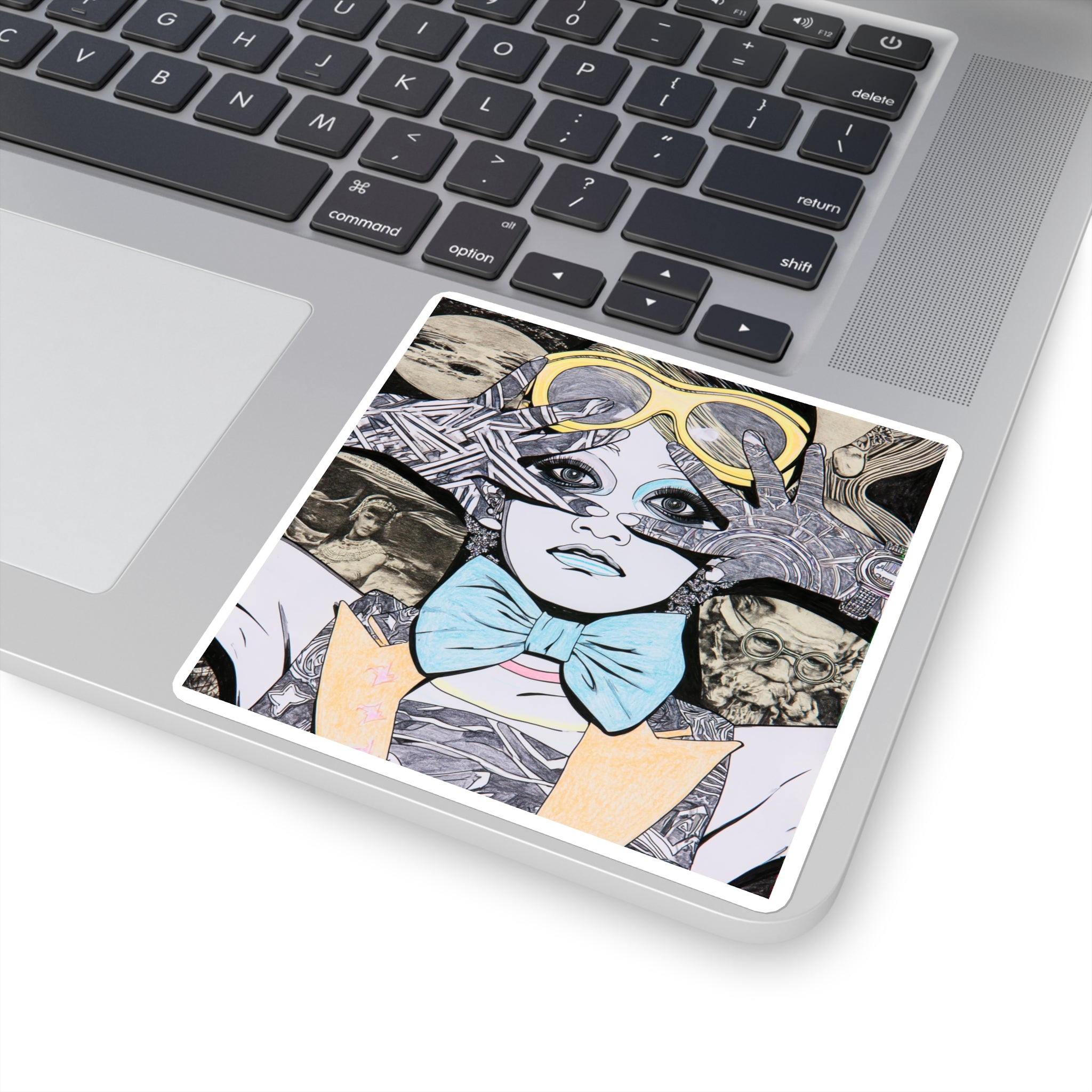 Surreal Vintage Girl Illustration Square Sticker — Retro Goggles & Bow Tie Art