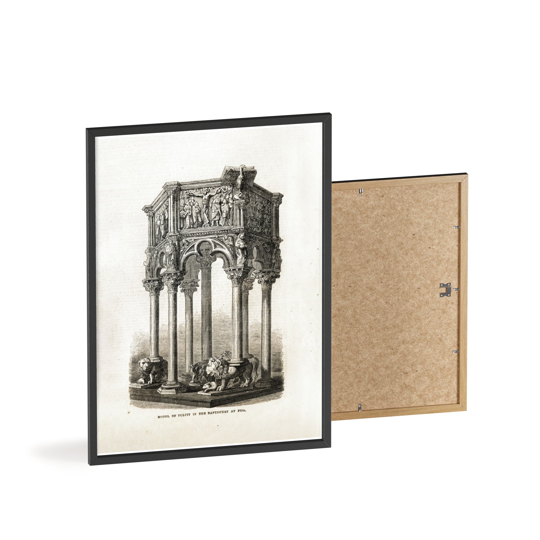 Model of Pulpit in the Baptistery at PISA. Antique Architectural Print Poster — Gothic Baptistery Illustration in Wooden Frame