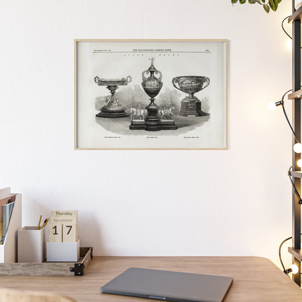 The ASCOT Races. Vintage Trophy Engraving Poster with Wooden Frame