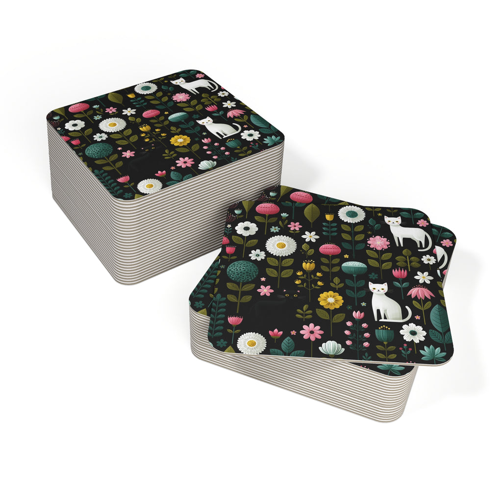 Floral Cats Coasters — Set of Decorative Square Drink Coasters (50–100 pcs)
