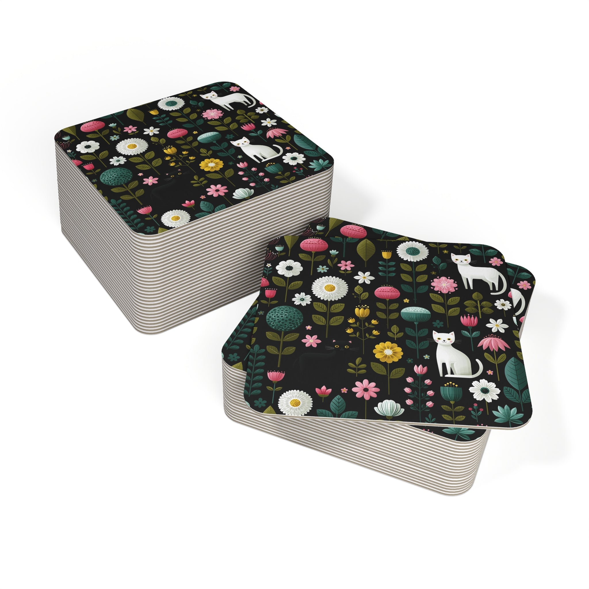 Floral Cats Coasters — Set of Decorative Square Drink Coasters (50–100 pcs)