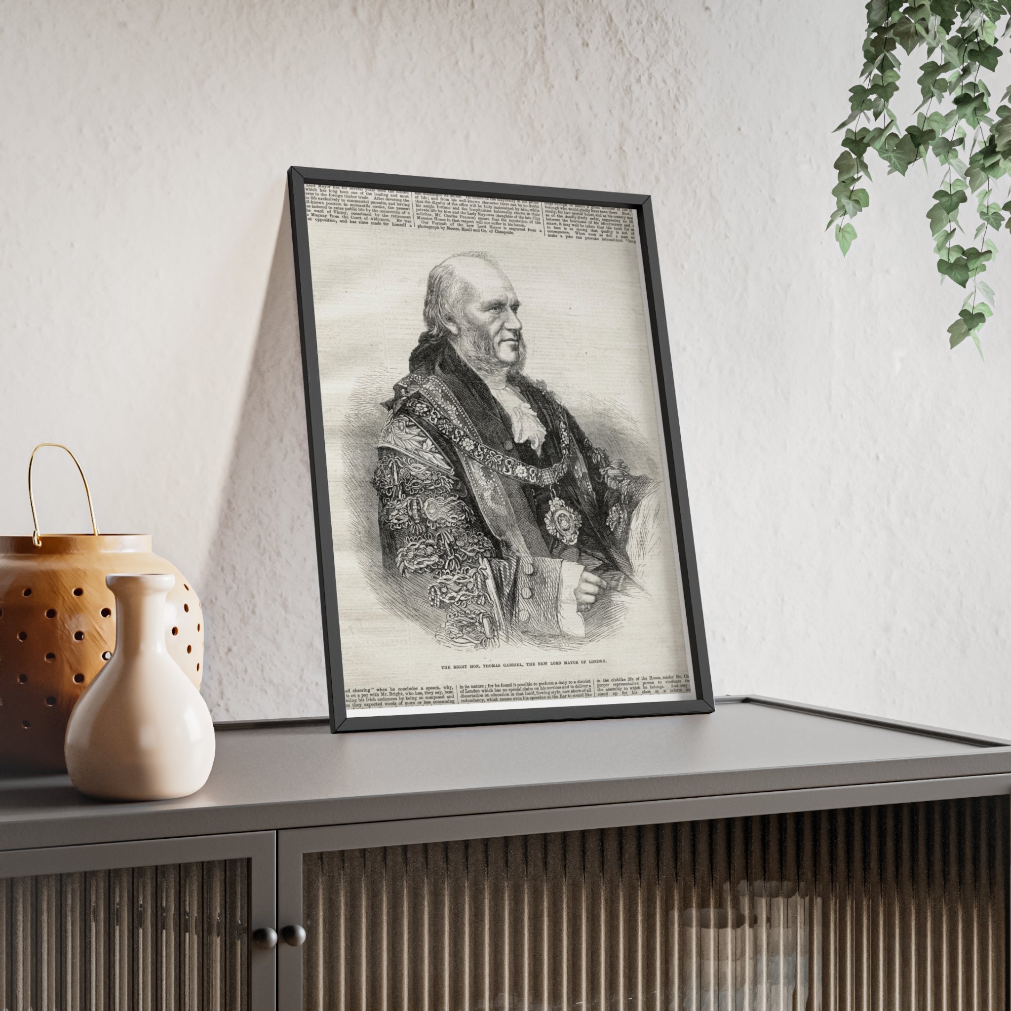 The Right Hon.Thomas Gabriel, the New Lord Mayor of London. Vintage Illustrated Statesman Poster with Black Wooden Frame