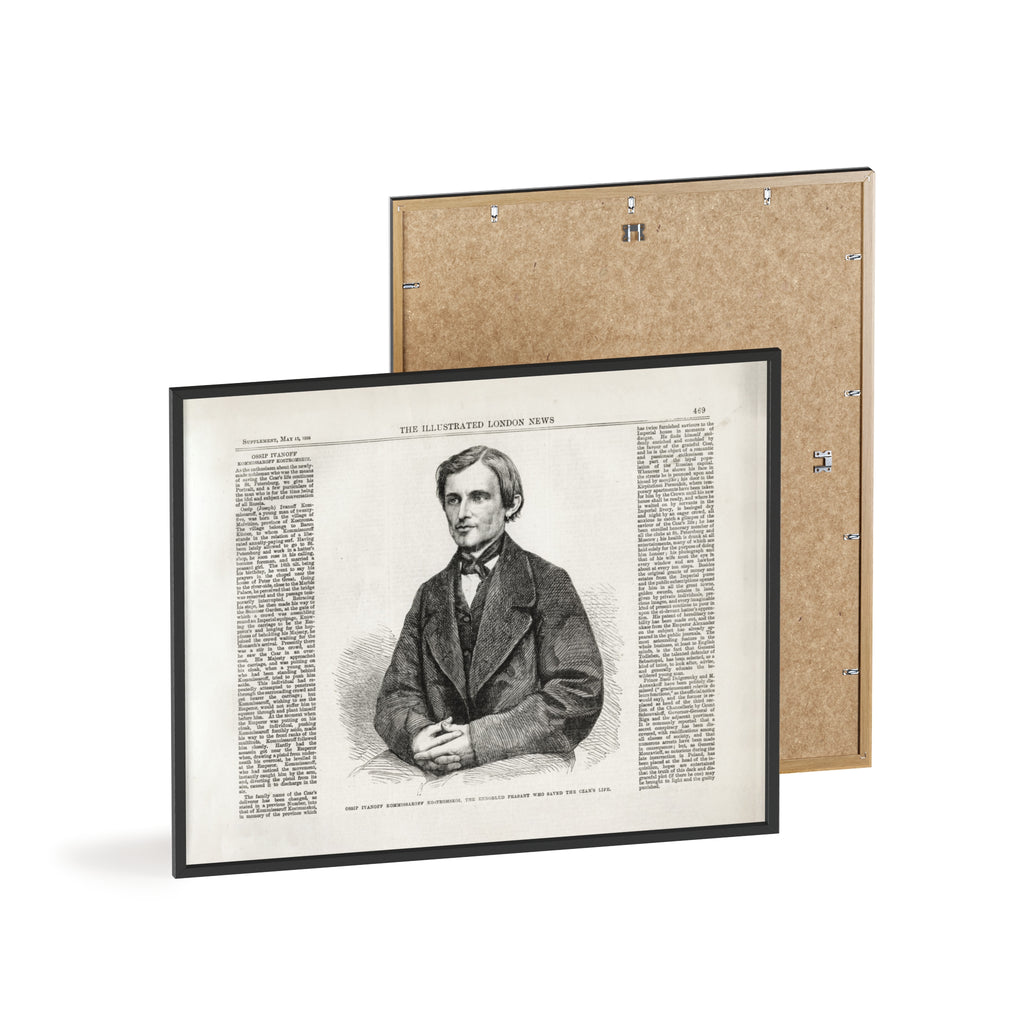 OSSIP IVANOFF, the peasant who saved the CZAR's Life. Vintage Illustrated Portrait Poster with Wooden Frame — Antique Newspaper Art Print