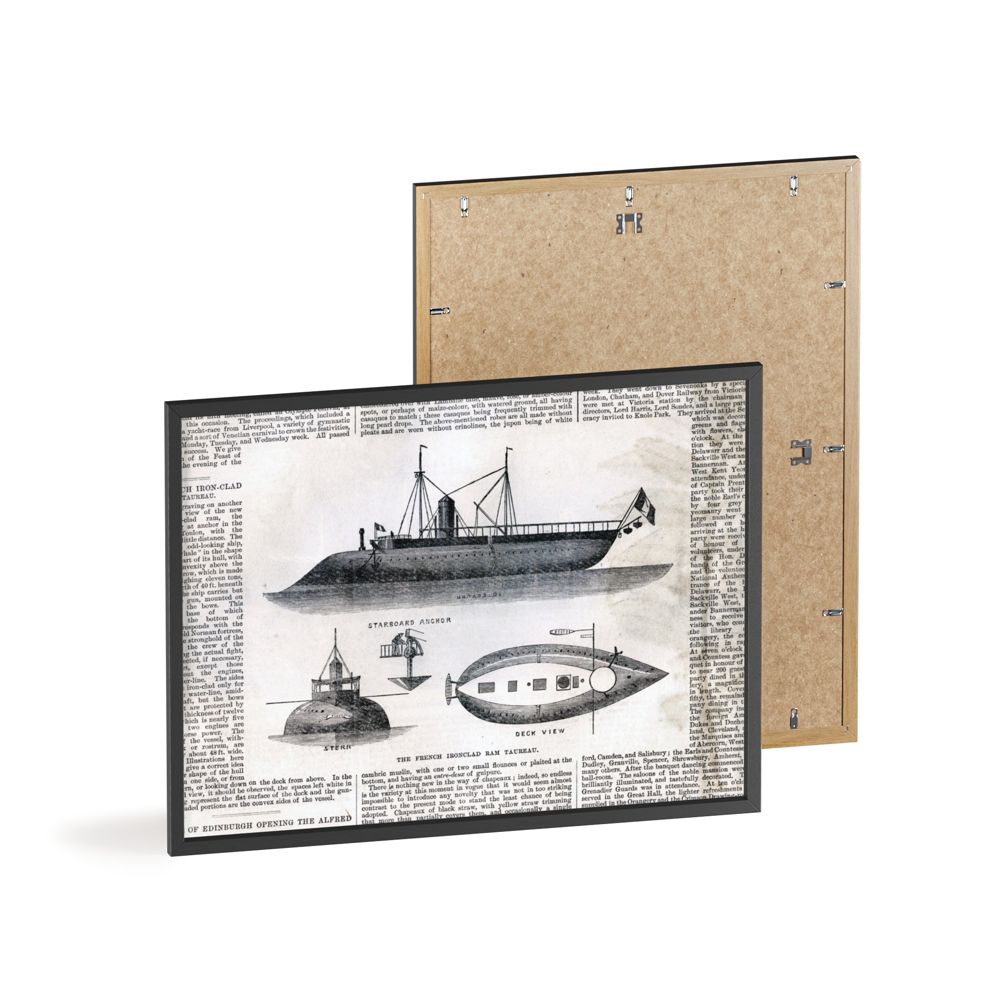 The French Ironclad RAM TAUREAU. Vintage Steamboat Patent Poster — Framed Nautical Wall Art