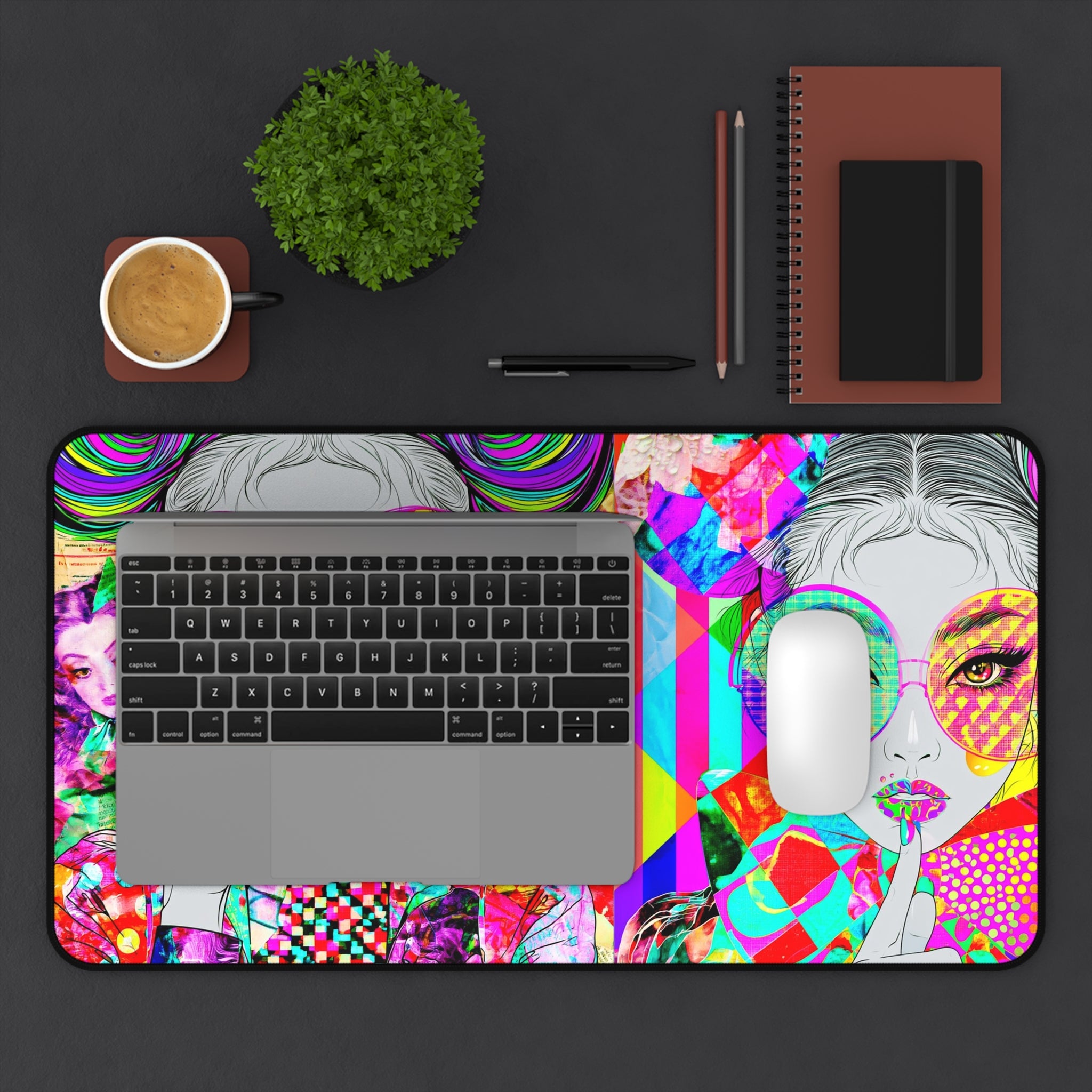 Vibrant Pop-Art Fashion Desk Mat — Colorful Retro Girl Illustration