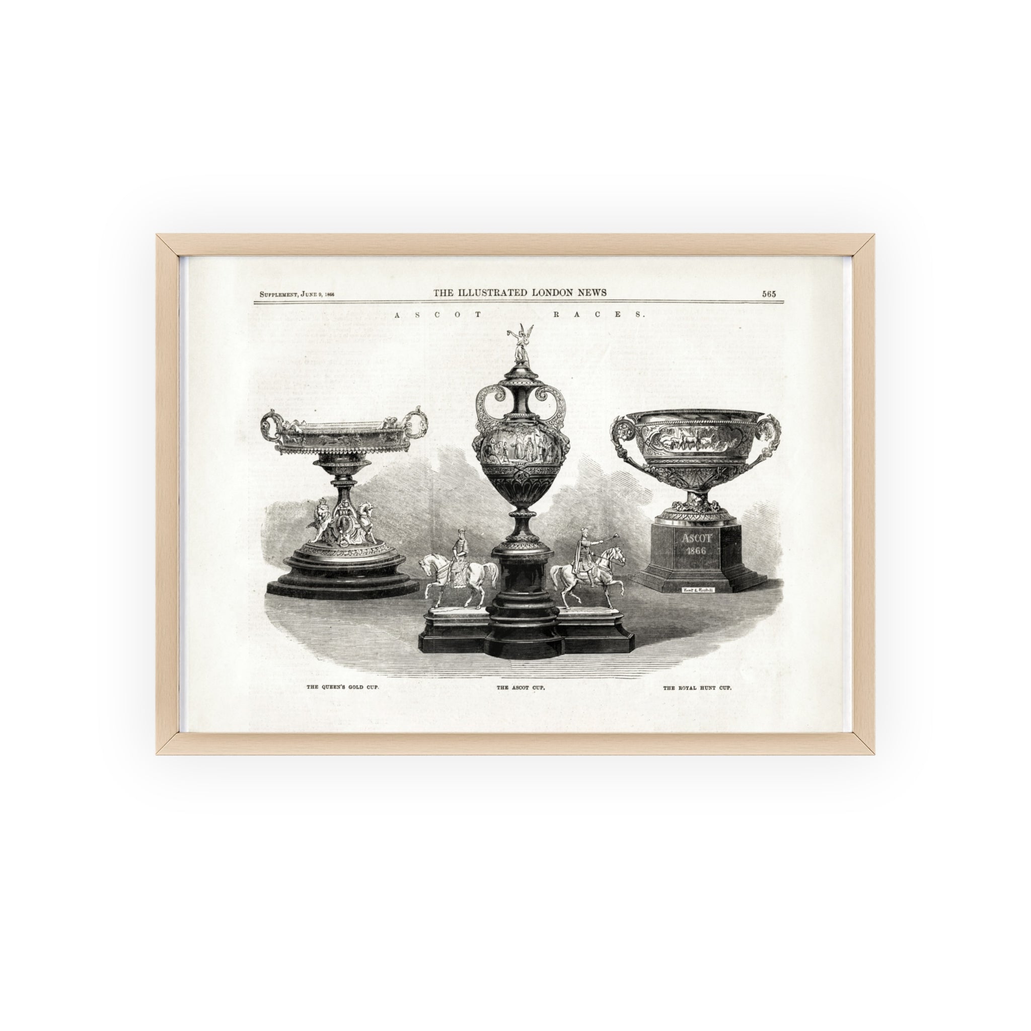 The ASCOT Races. Vintage Trophy Engraving Poster with Wooden Frame