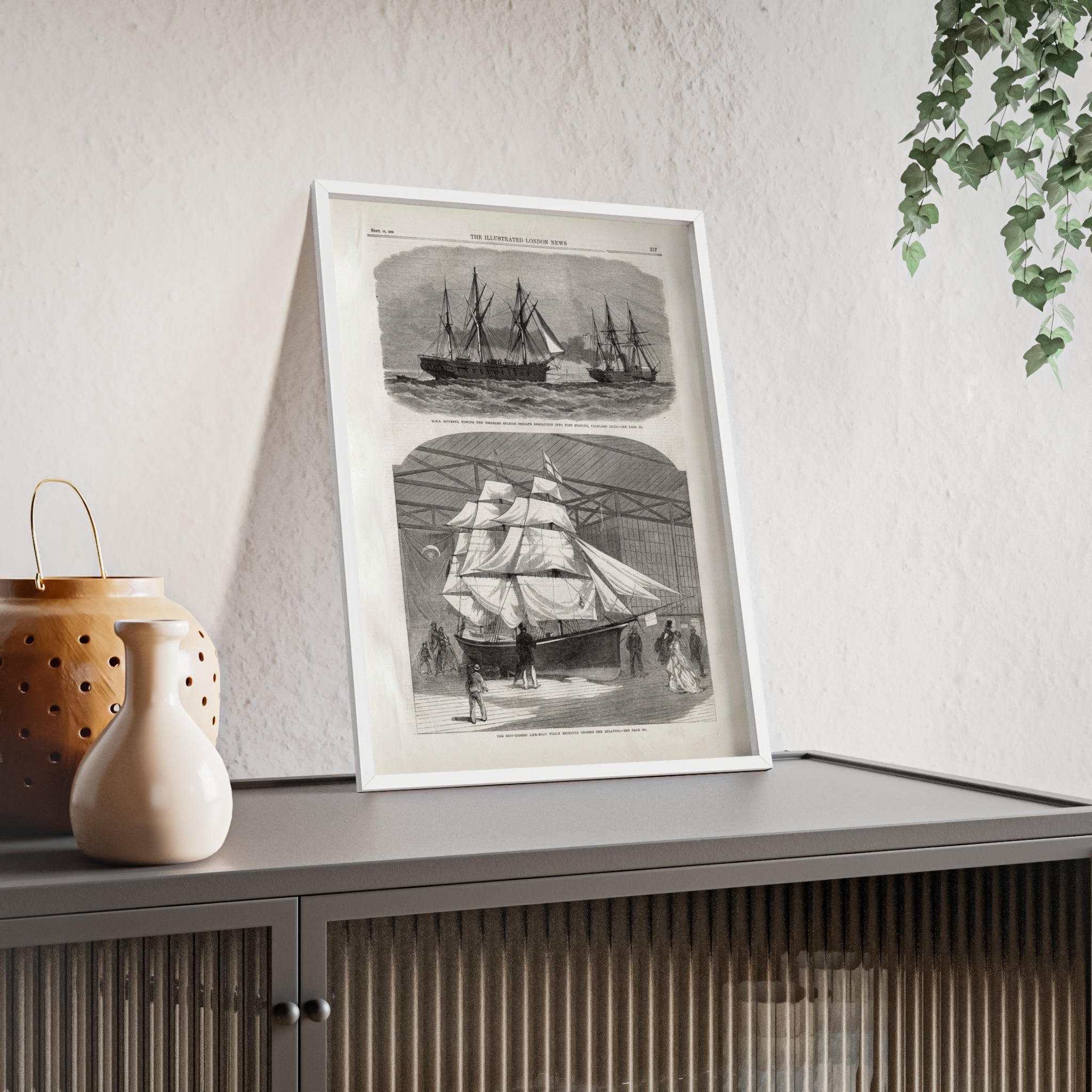 Vintage Nautical Ship Poster with Wooden Frame – Antique Sailing Print Wall Art