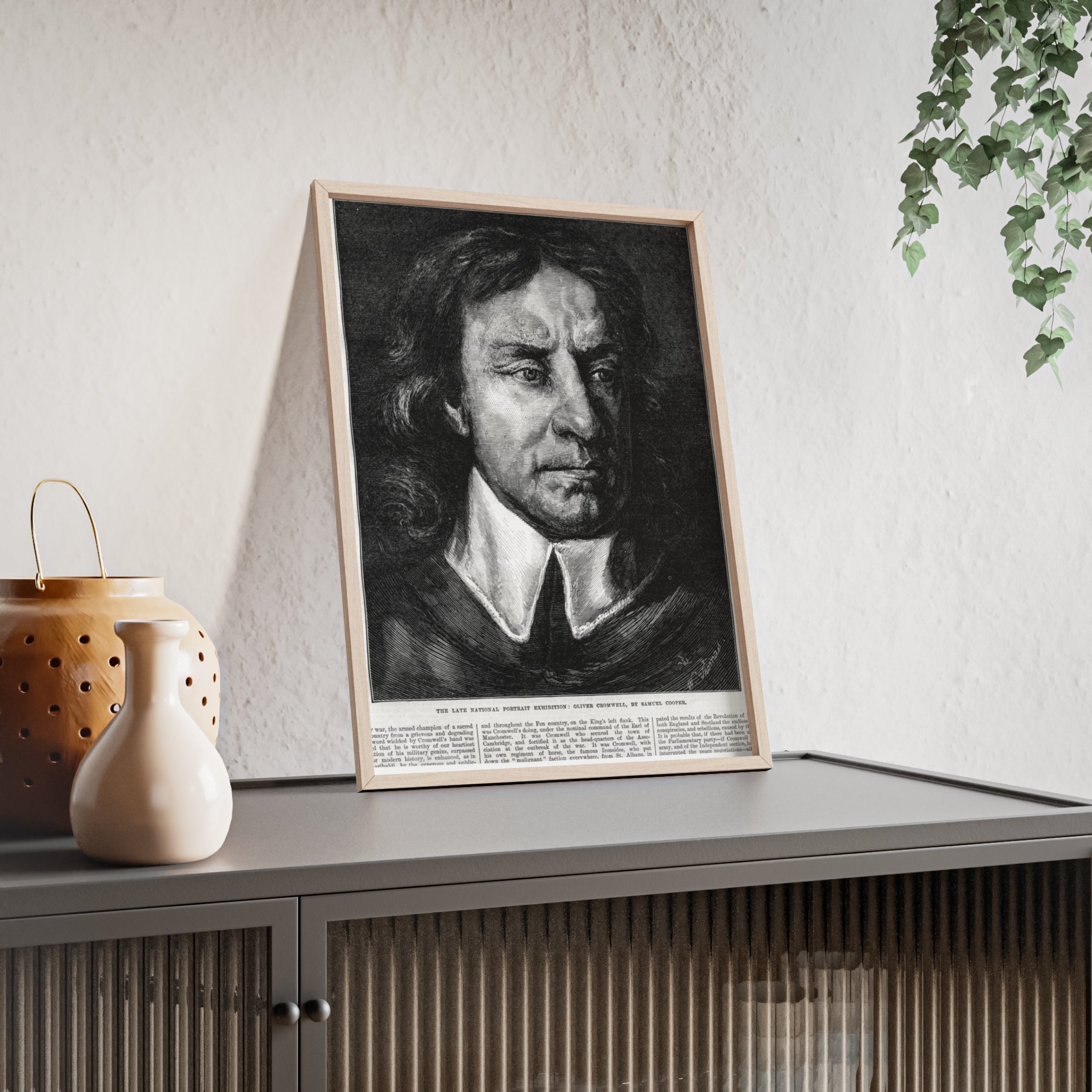 OLIVER CROMWELL. Historical Portrait Poster with Wooden Frame — Vintage Chalk-Style Print