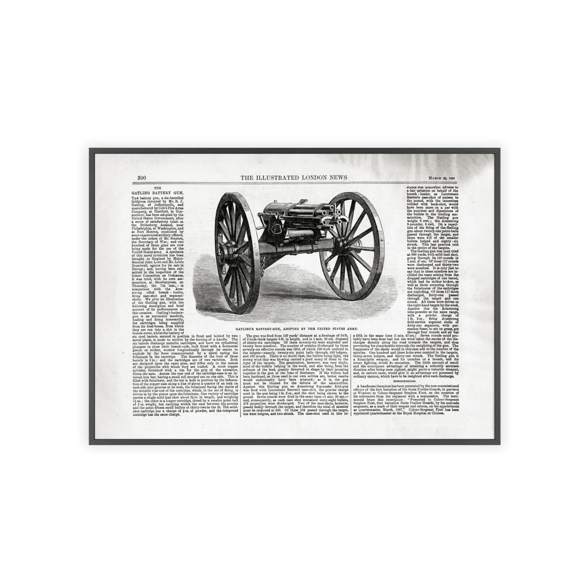 GATLING'S Battery-Gun, adopted by the United States Army. Vintage Cannon Patent Poster with Wooden Frame – Antique Engineering Print