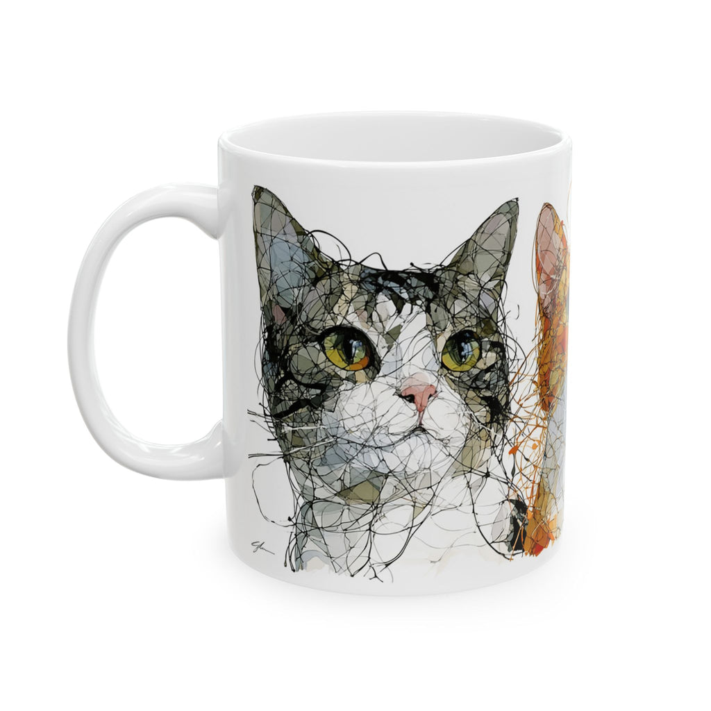 Watercolor Cat Faces Ceramic Mug – Whimsical Orange & Grey Cat Art (11oz, 15oz)