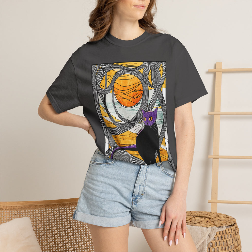 Cat Moon T-Shirt — Black Cat with Purple Mask & Sunset Stained-Glass Design