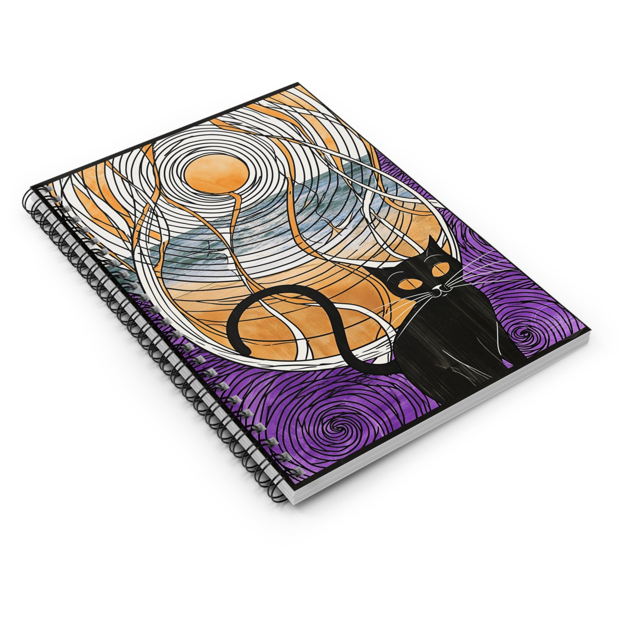Cat Moon Spiral Notebook — Artistic Black Cat Journal with Swirling Night Sky