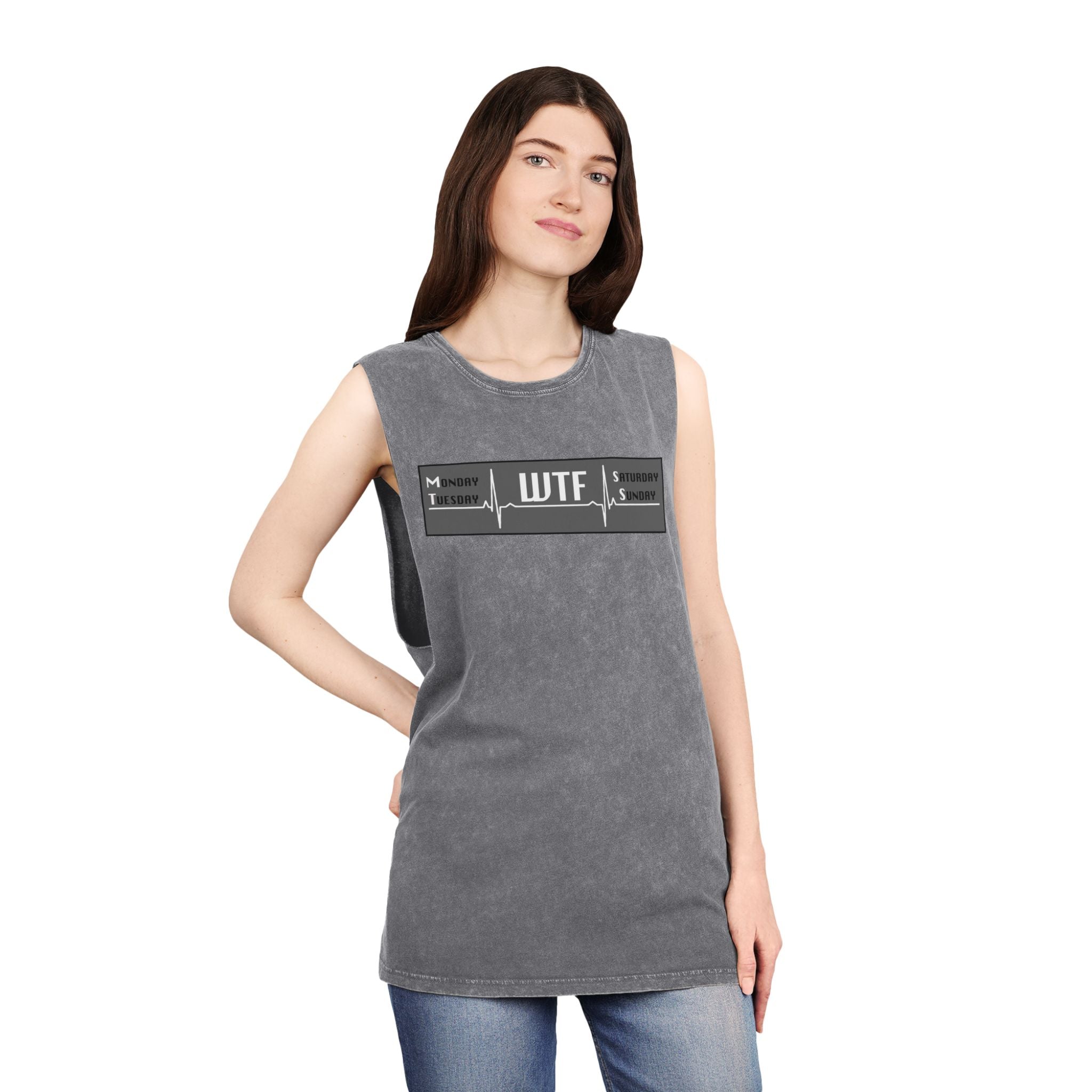WTF Tattoo Pulse Graphic Tank Top — Stonewash Sleeveless Tee for Edgy Casual Wear