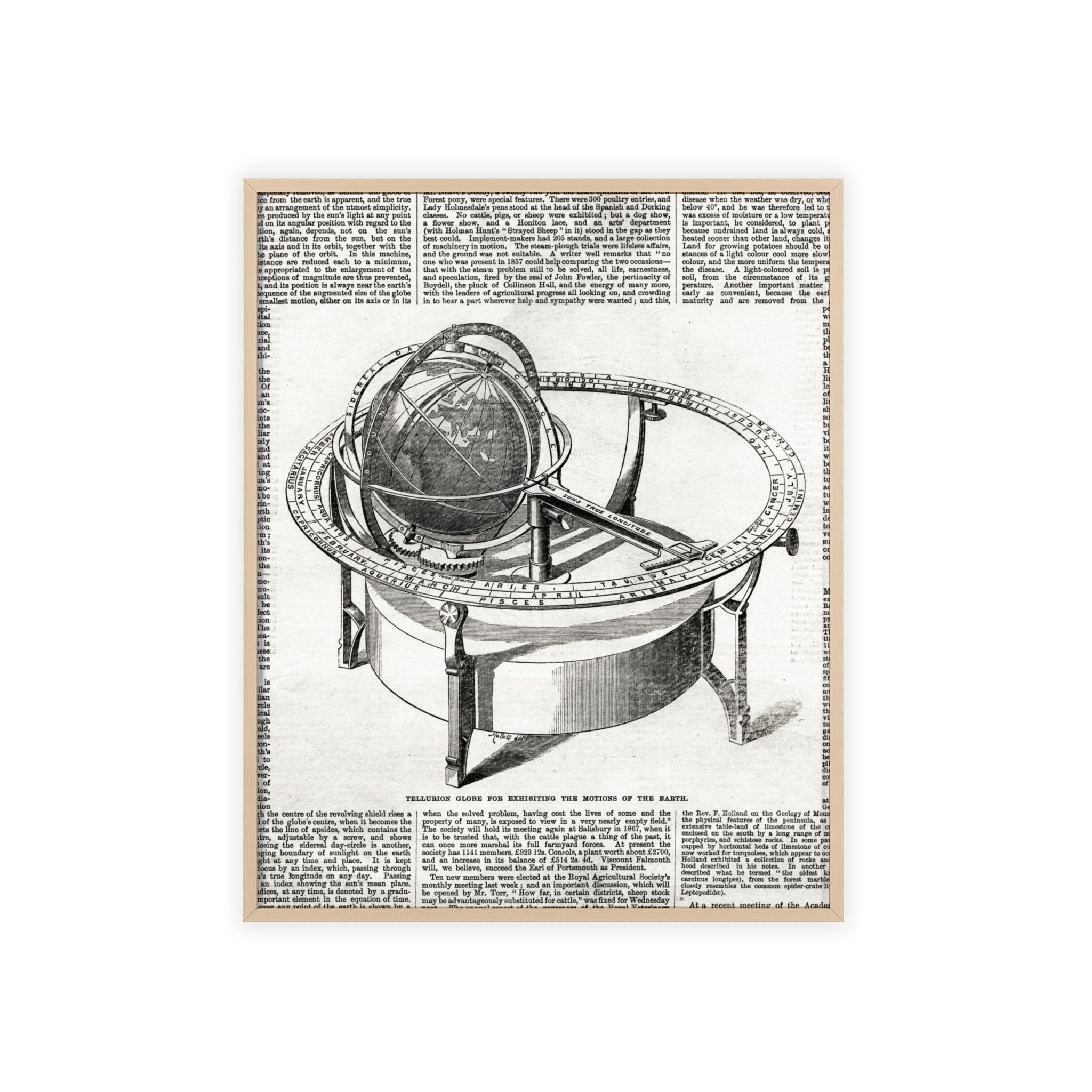 TELLURION GLOBE for Exhibiting the Motions of the Earth. Vintage Celestial Globe Poster with Wooden Frame — Antique Astronomy Wall Art