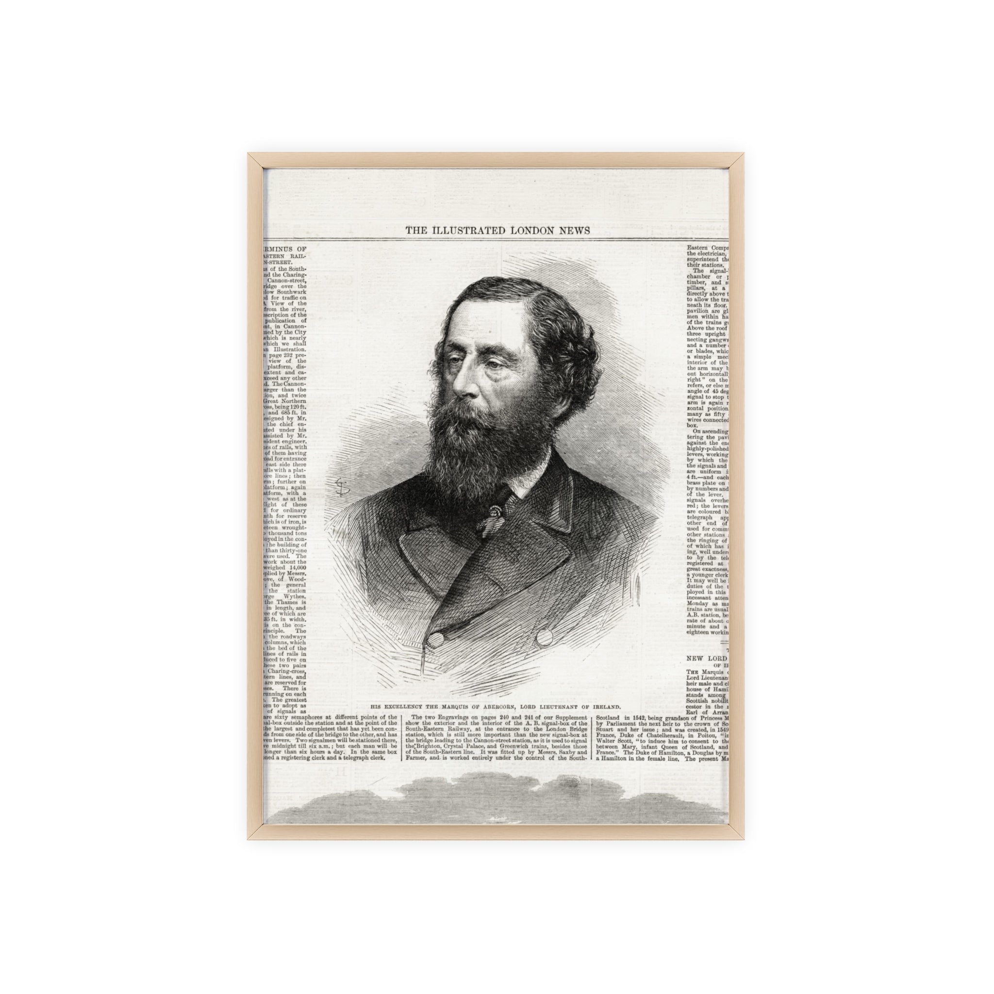 His Excellency the Marquis of Abercorn, Lord Lieutenant of Ireland. Vintage Illustrated Portrait Poster with Wooden Frame — Antique Newspaper Print