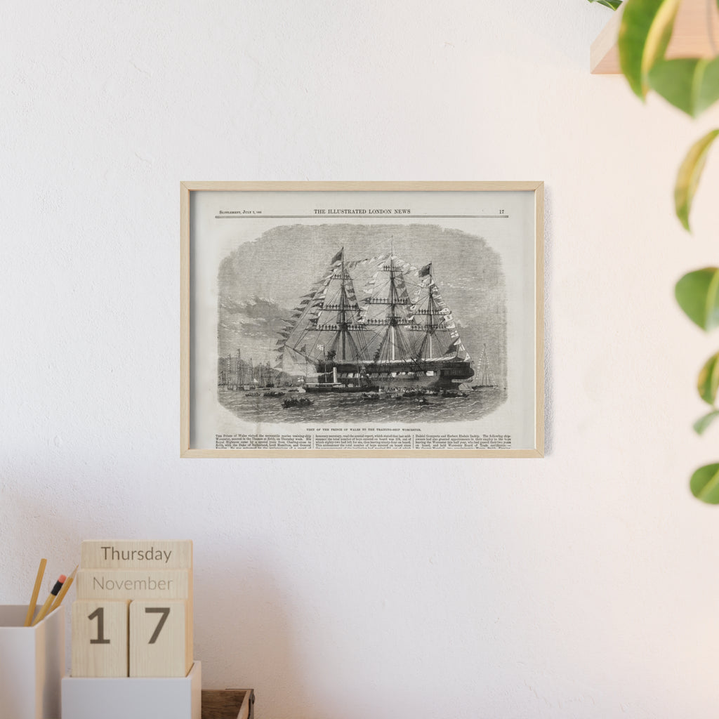 Visit of the Prince of Wales to the Training-Ship Worcester. Framed Vintage Sailing Ship Poster — Nautical Wall Art with Wooden Frame