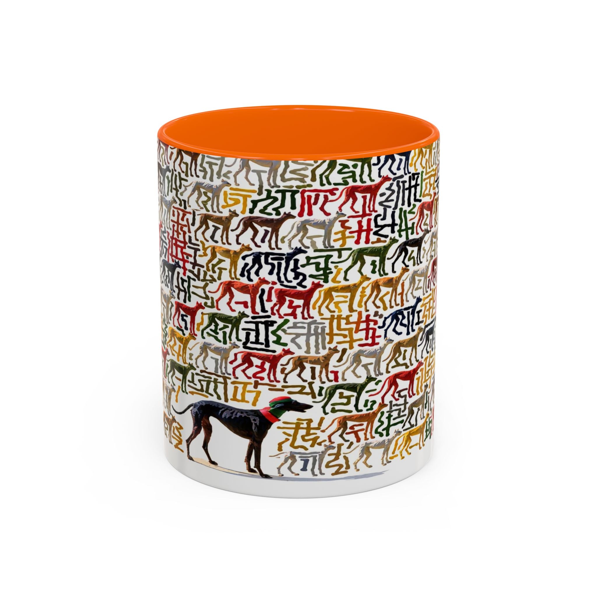 Greyhound Silhouette Accent Coffee Mug — Colorful Script Dog Pattern (11/15oz)
