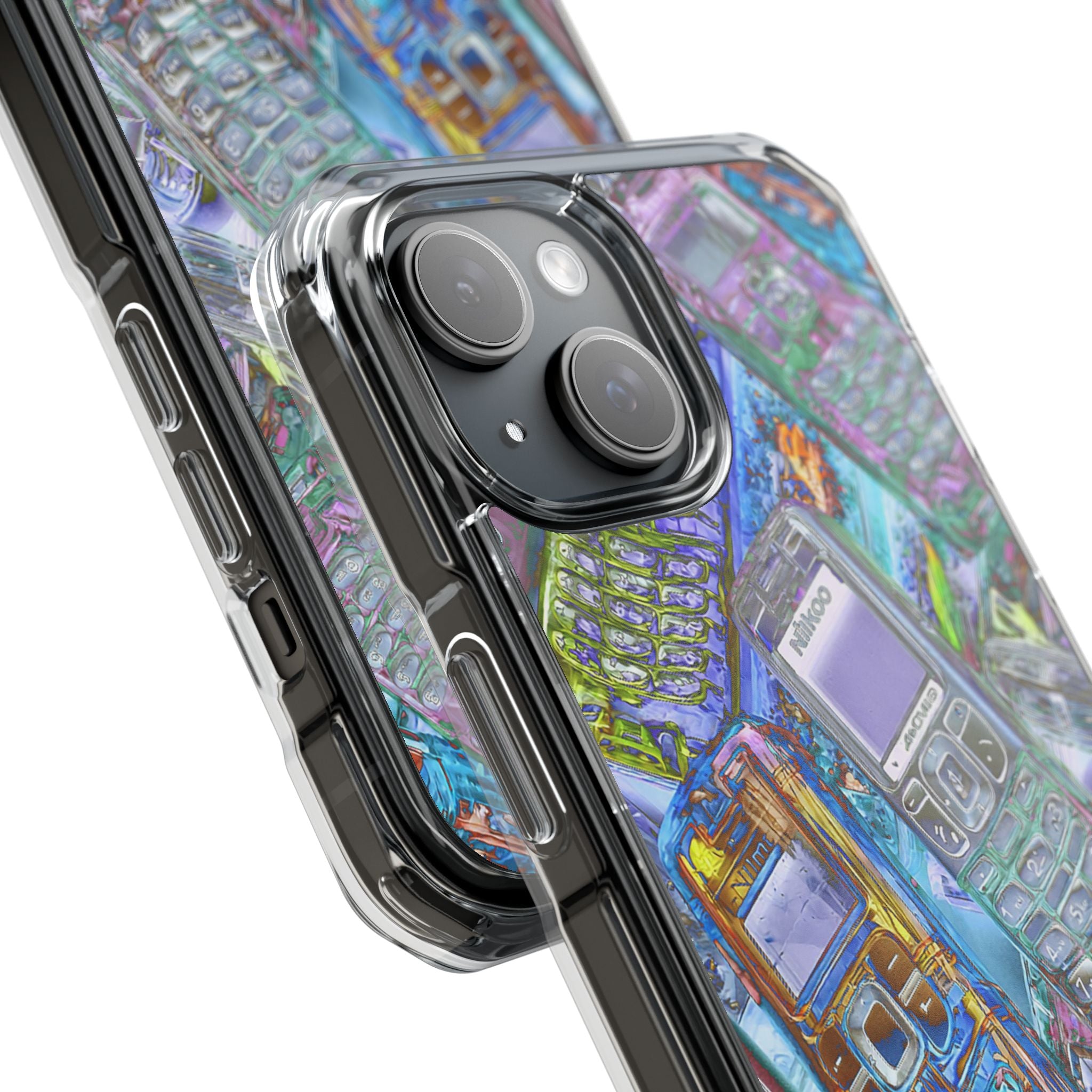 Holographic Retro Phone Case — Clear Magnetic Impact Case with Vintage Cellphone Collage