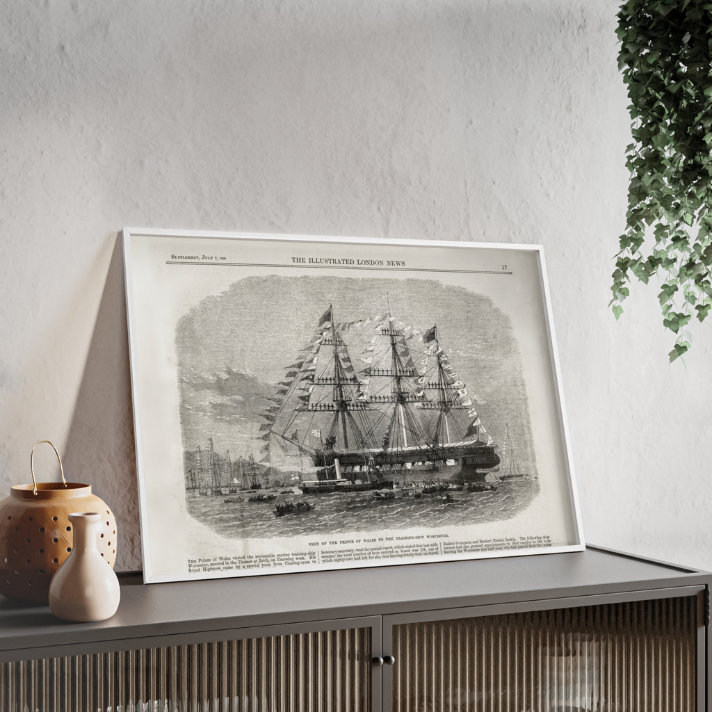 Visit of the Prince of Wales to the Training-Ship Worcester. Framed Vintage Sailing Ship Poster — Nautical Wall Art with Wooden Frame