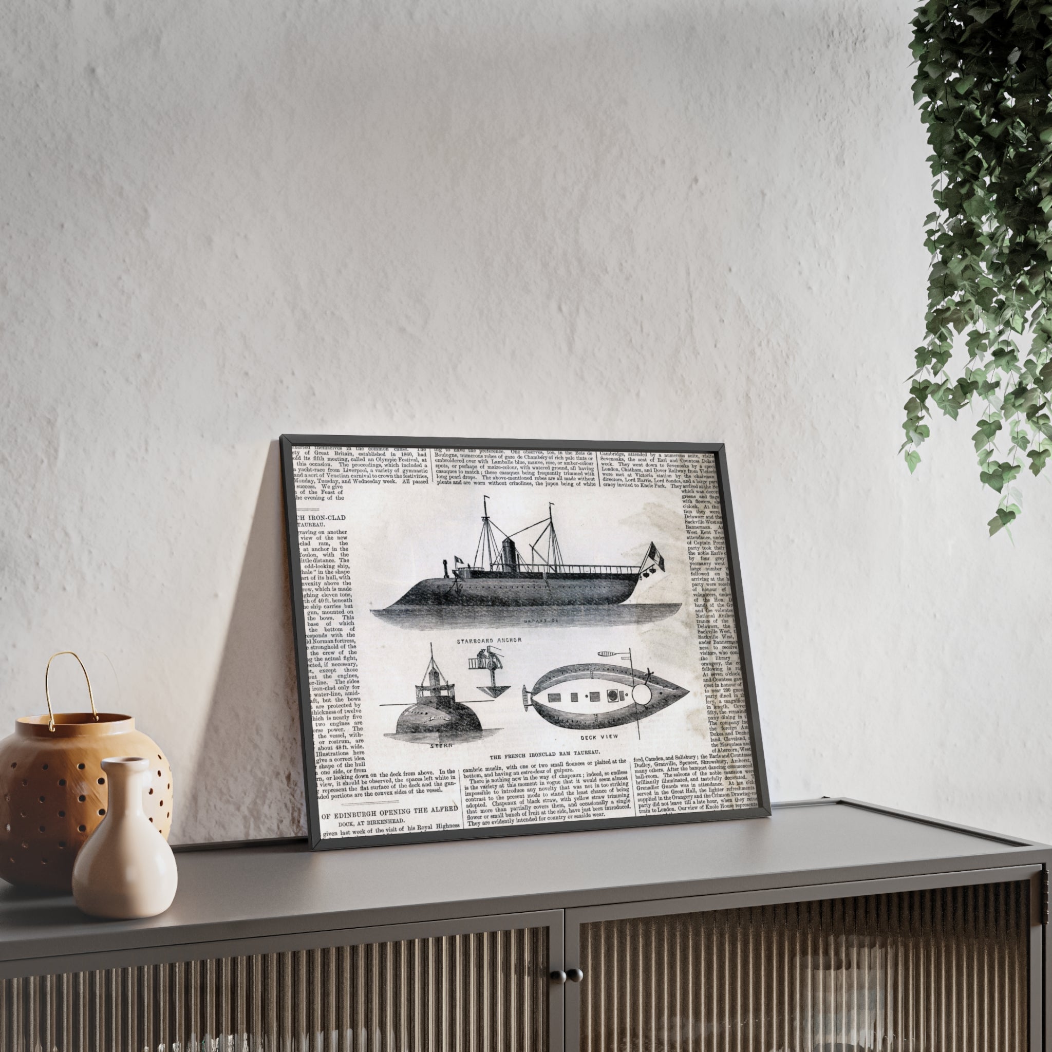 The French Ironclad RAM TAUREAU. Vintage Steamboat Patent Poster — Framed Nautical Wall Art