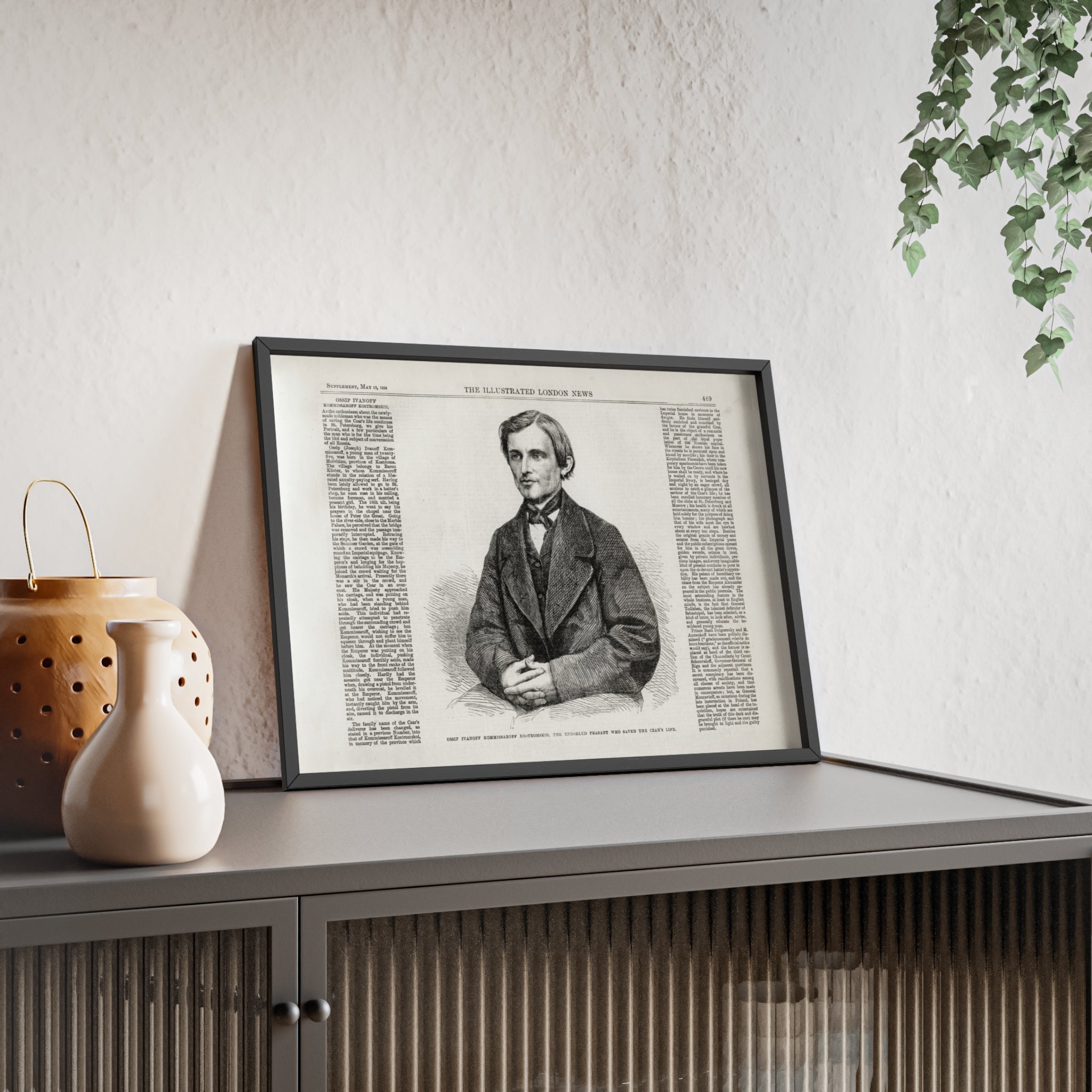 OSSIP IVANOFF, the peasant who saved the CZAR's Life. Vintage Illustrated Portrait Poster with Wooden Frame — Antique Newspaper Art Print