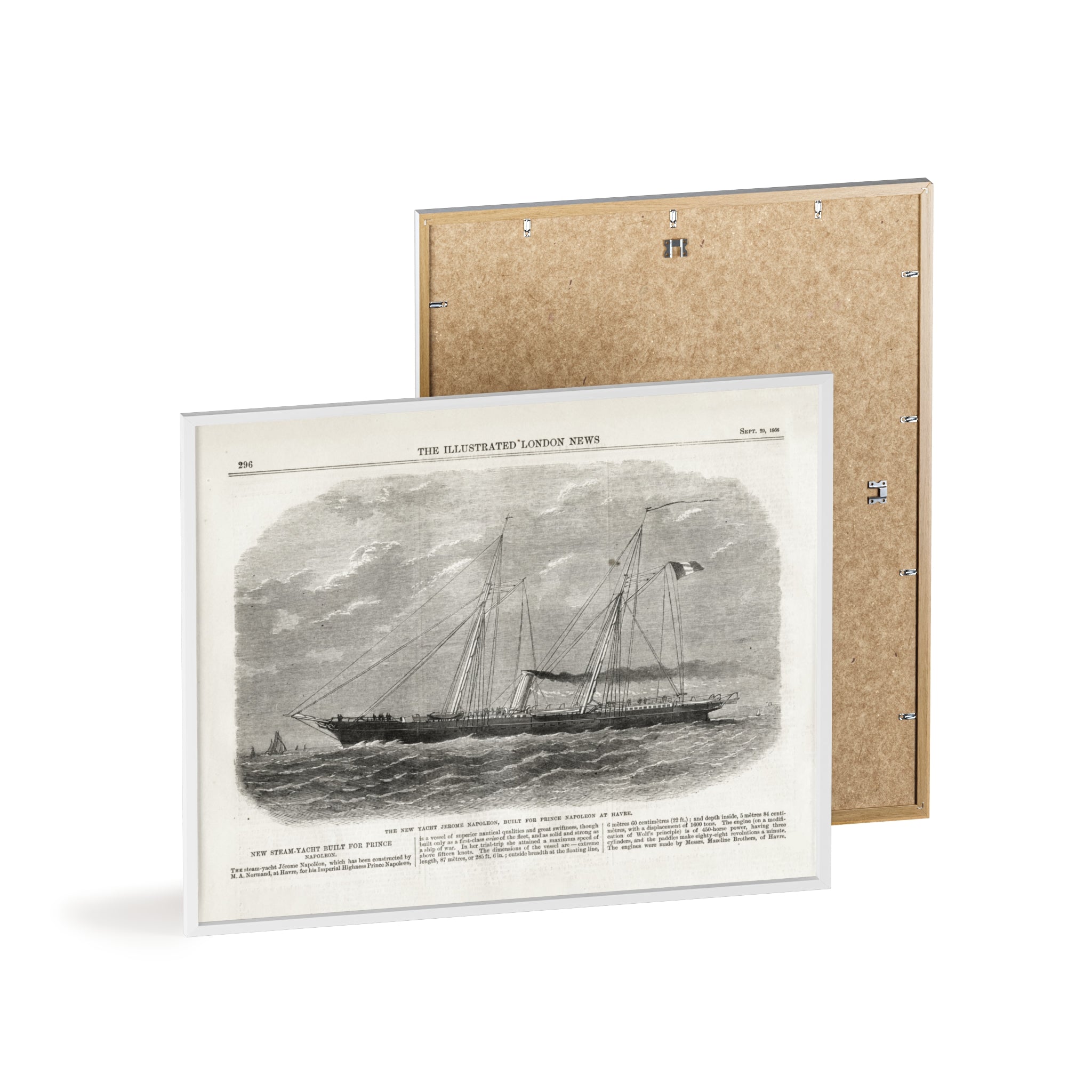 The New Yacht JEROME NAPOLEON, Built for Prince NAPOLEAN at Havre. Framed Vintage Ship Print Poster — Nautical Wall Art with Wooden Frame