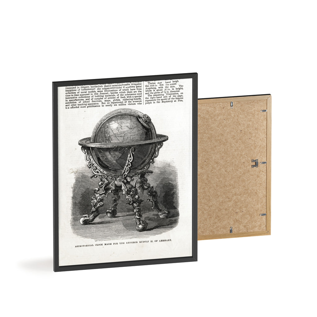 Astronomical Clock made for the Emperor RUDOLPH II, of Germany. Vintage Globe Illustration Poster with Wooden Frame — Antique Map Print