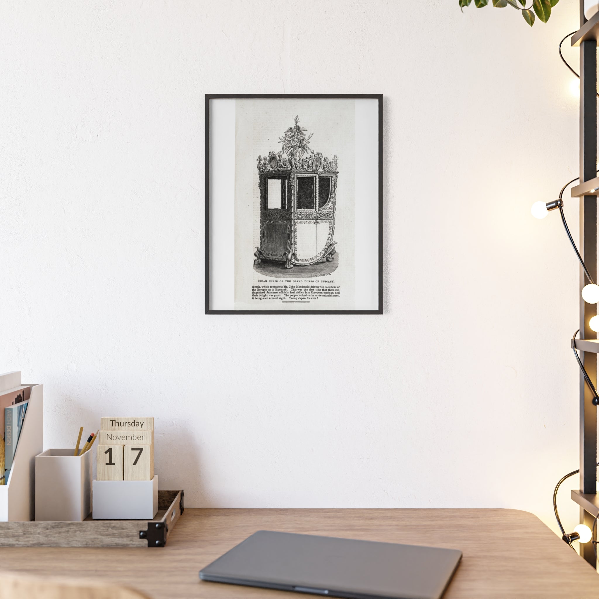 Chair of the GRAND DUKES of TUSCANY. Antique Carriage Print Poster with Wooden Frame — Vintage Engraving Wall Art
