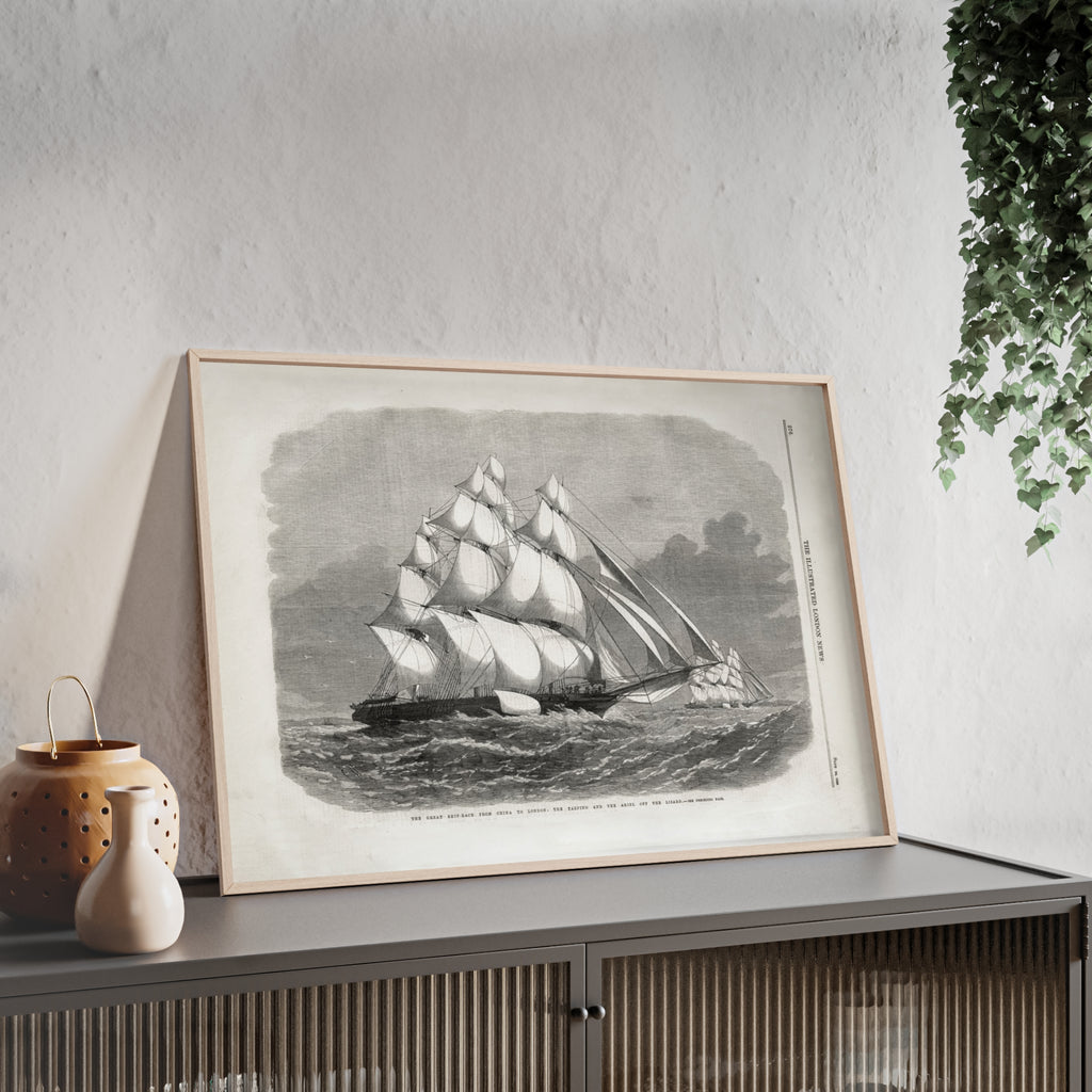 The Great Ship-Race from China to London. Vintage Sailing Ship Wall Poster with Wooden Frame – Nautical Marine Print