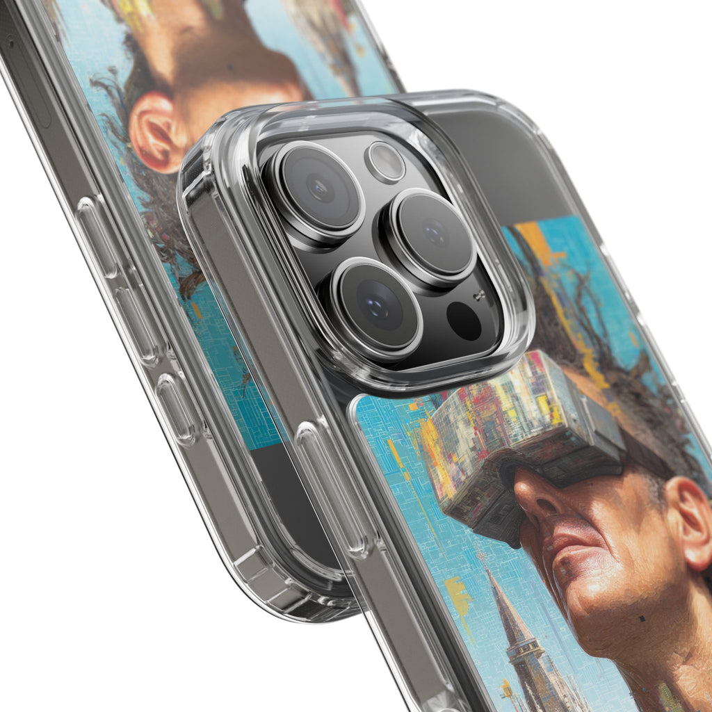 Clear Phone Case — Retro VR Cityscape Illustration