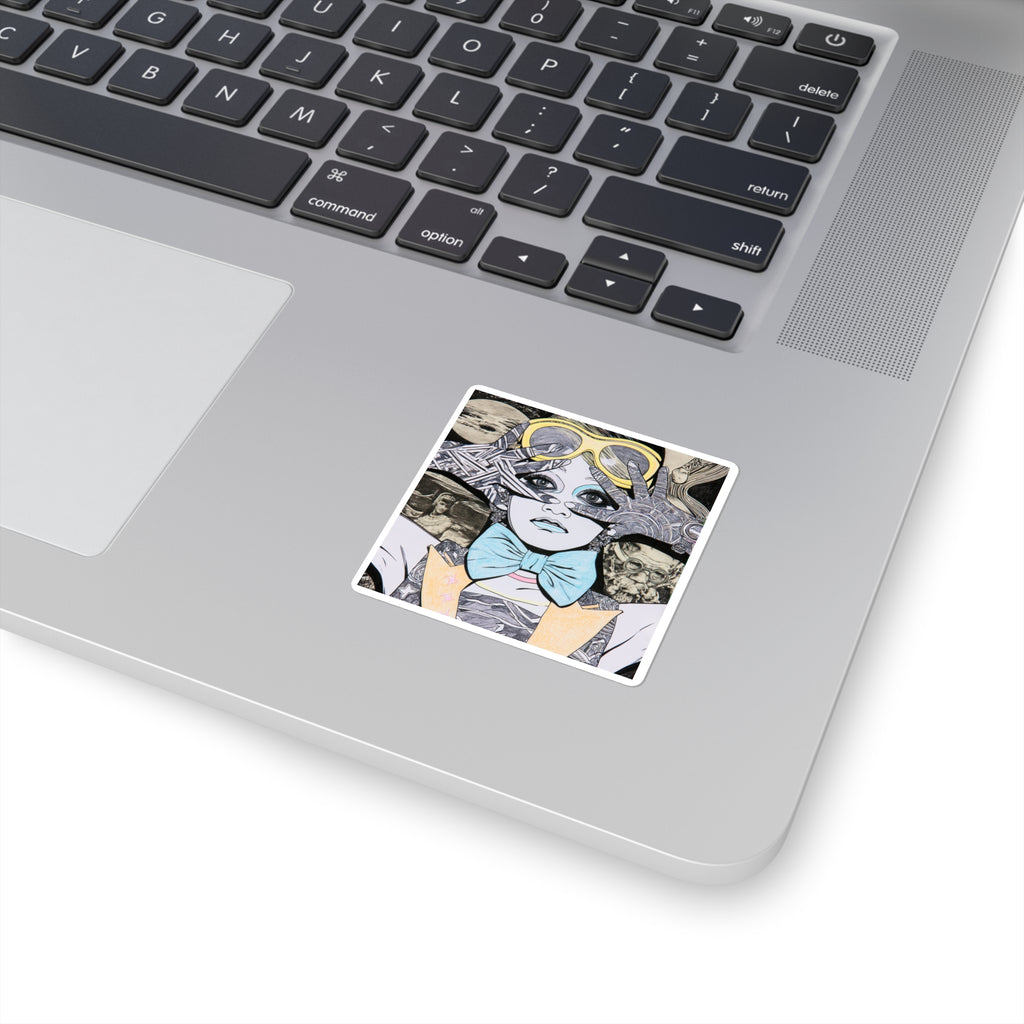 Surreal Vintage Girl Illustration Square Sticker — Retro Goggles & Bow Tie Art