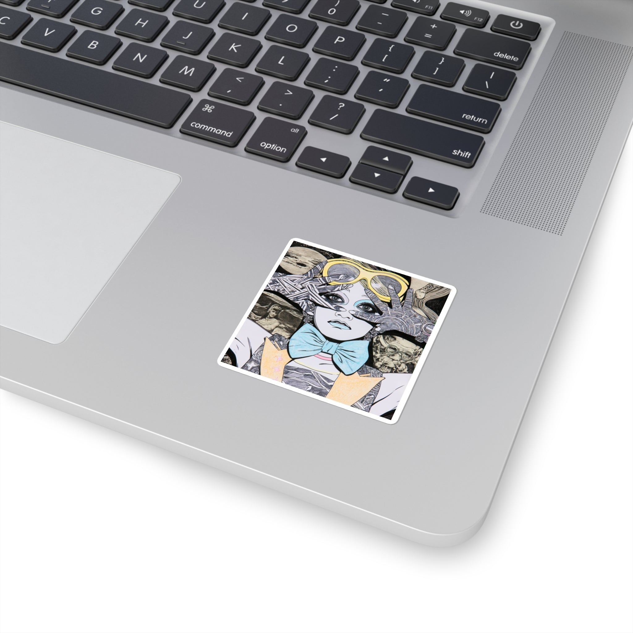 Surreal Vintage Girl Illustration Square Sticker — Retro Goggles & Bow Tie Art