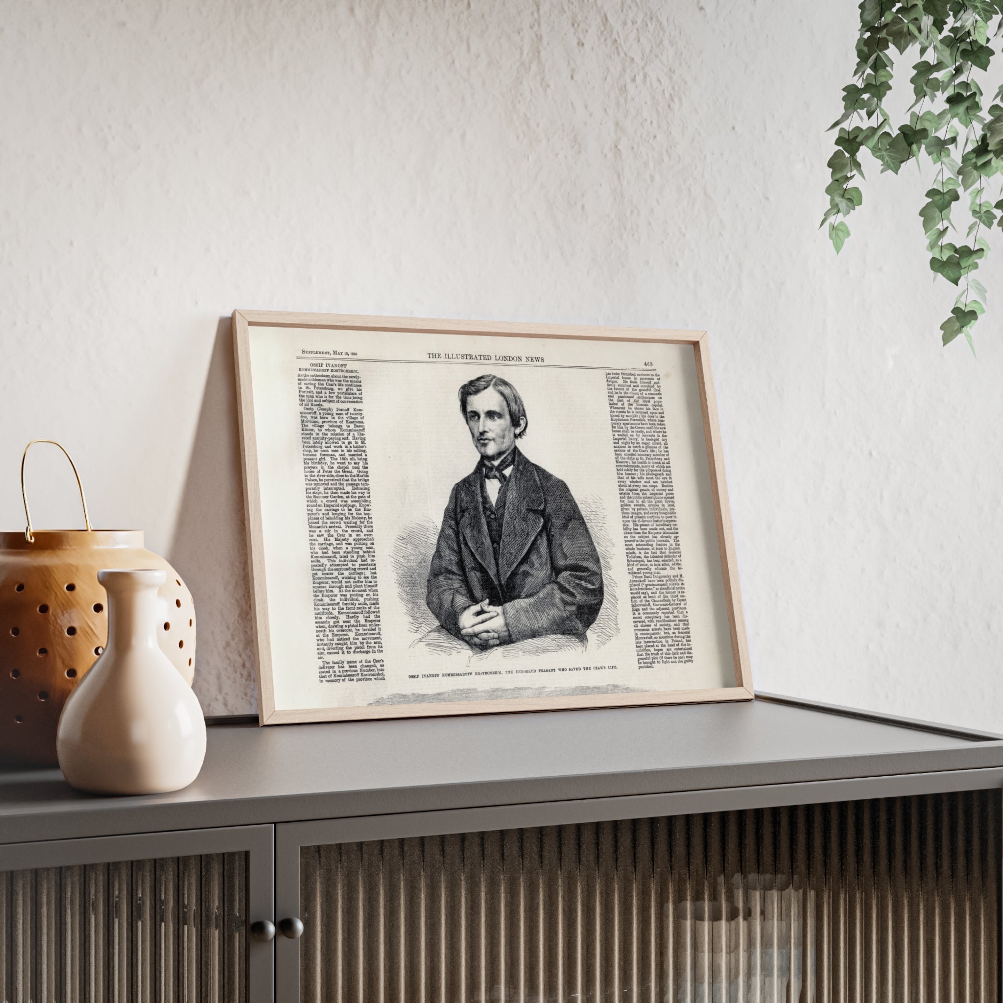Portrait of Ossip Ivanoff the peasant who saved the Czar's Life. Vintage Newspaper Print Poster with Wooden Frame