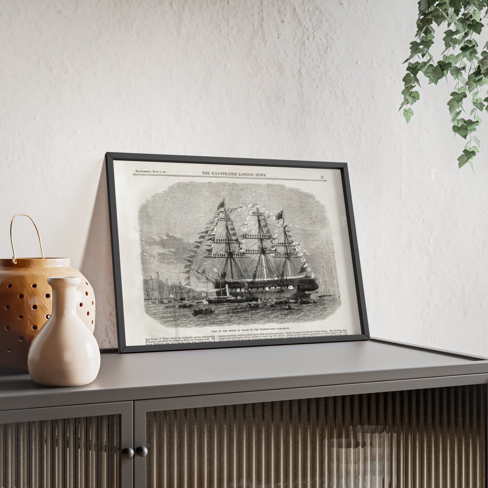 Visit of the Prince of Wales to the Training-Ship Worcester. Framed Vintage Sailing Ship Poster — Nautical Wall Art with Wooden Frame