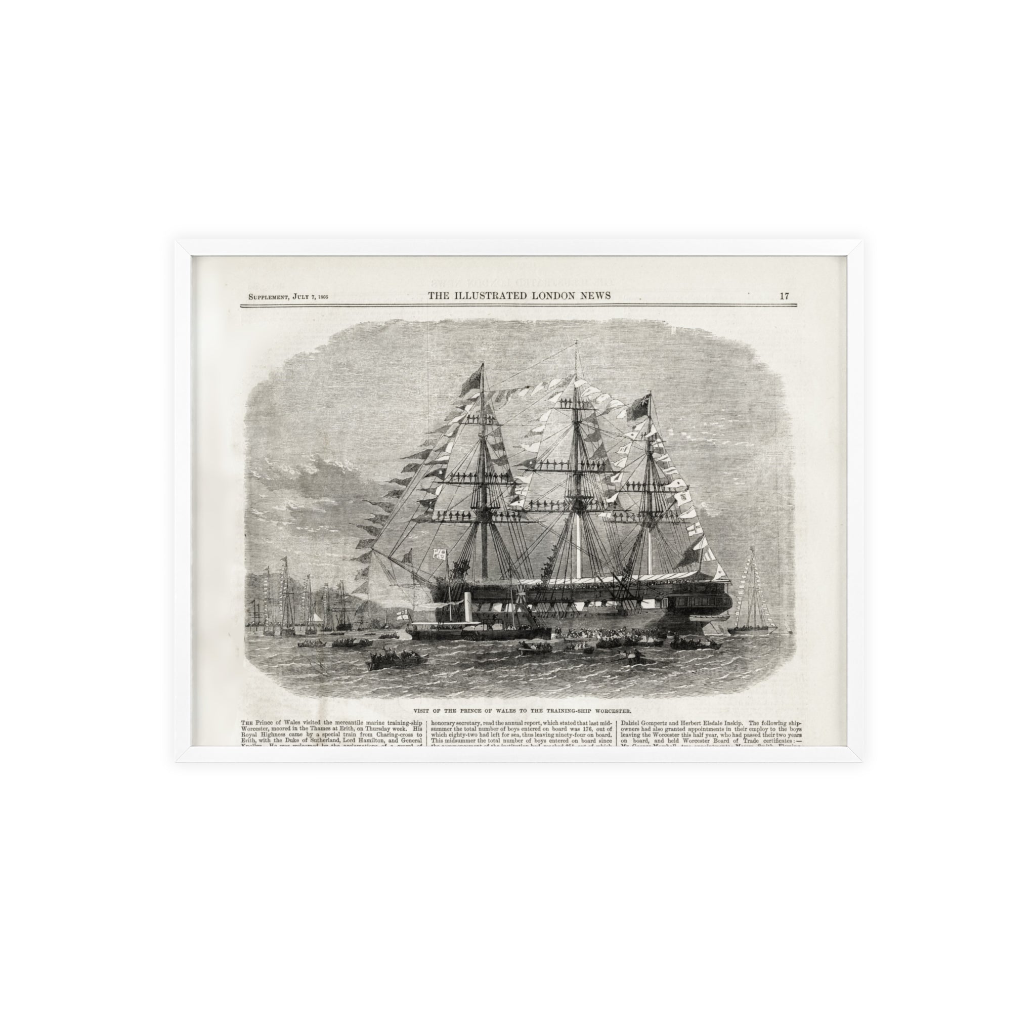 Visit of the Prince of Wales to the Training-Ship Worcester. Framed Vintage Sailing Ship Poster — Nautical Wall Art with Wooden Frame