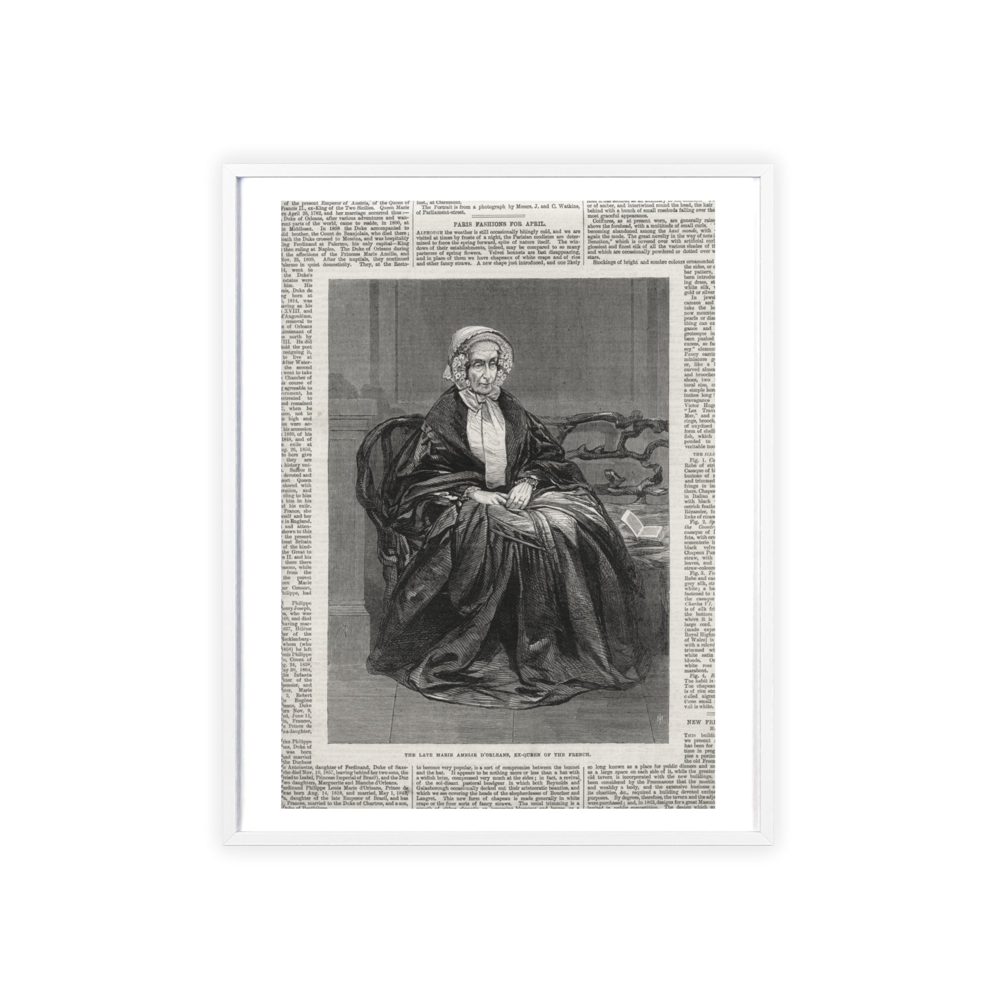 The Late Marie Amelie D'Orleans, Ex-Queen of the French. Vintage Portrait Newspaper Art Poster with Black Wooden Frame