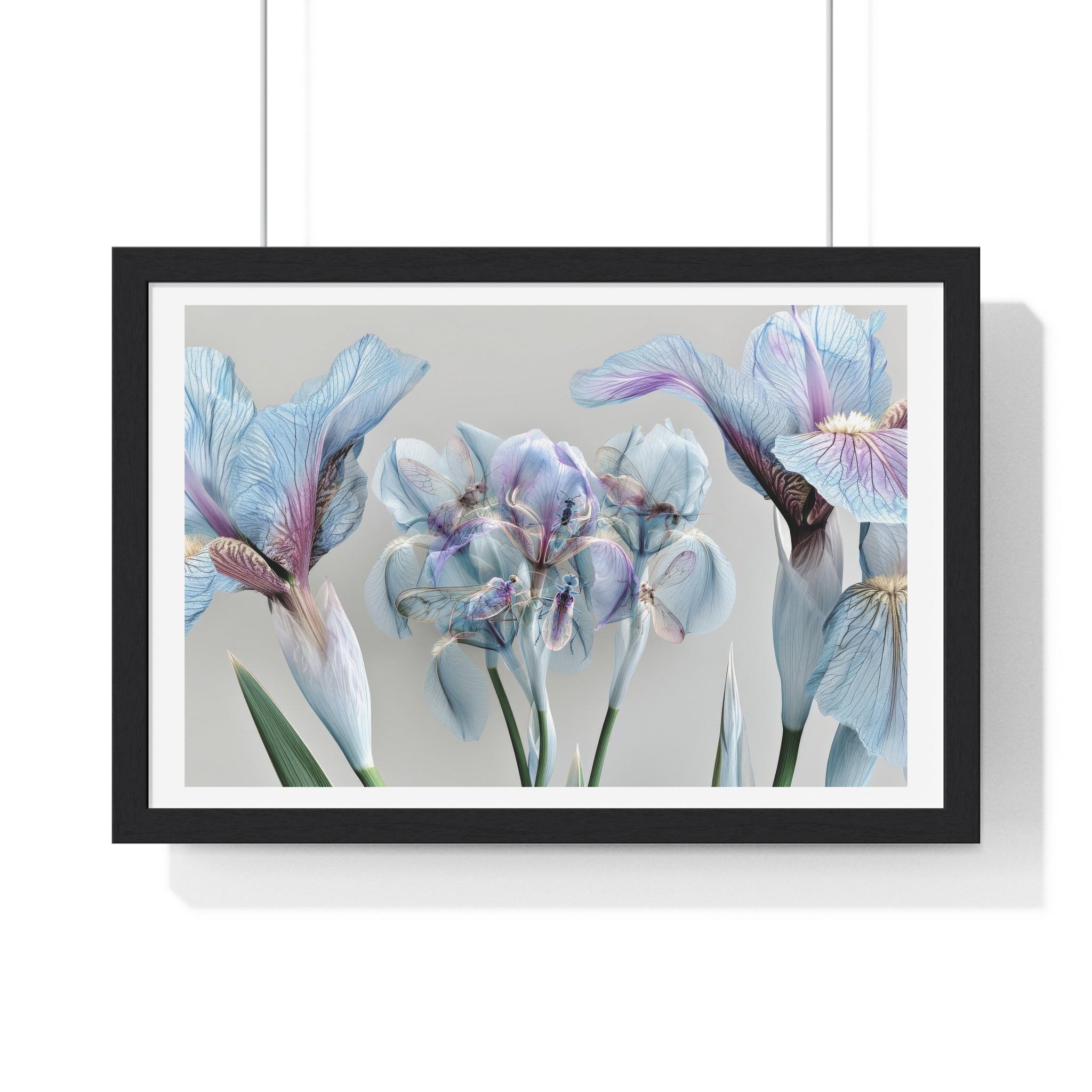 Botanical Iris Framed Poster — Soft Blue Floral Wall Art (Horizontal)