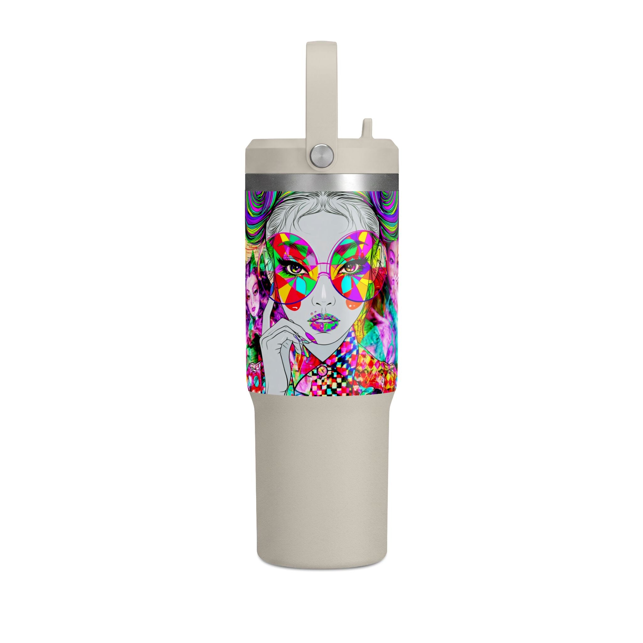 Colorful Pop Art Travel Tumbler – 32oz Nomad Insulated Cup with Retro Sunglasses Design