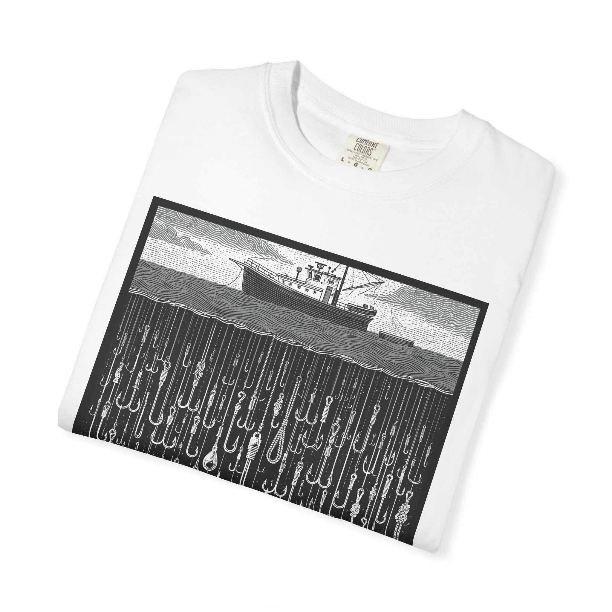 Fishing Boat & Hooks Graphic T-Shirt — Ocean Conservation Art Tee