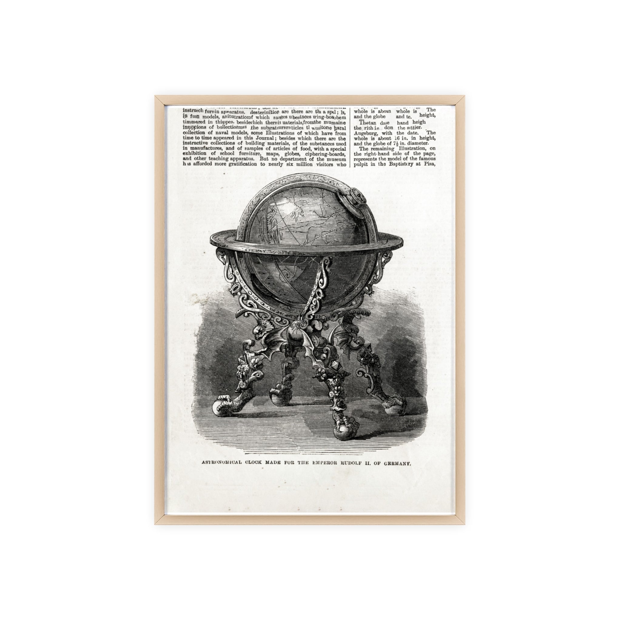 Astronomical Clock made for the Emperor RUDOLPH II, of Germany. Vintage Globe Illustration Poster with Wooden Frame — Antique Map Print