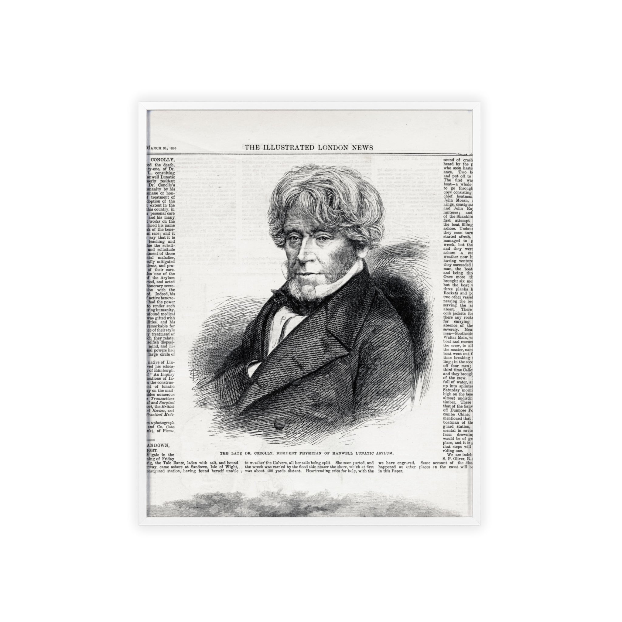 Dr. Conolly, Resident Physician of Hanwell Lunatic Asylum. Framed Vintage Portrait Print — Antique Newspaper Illustration Poster
