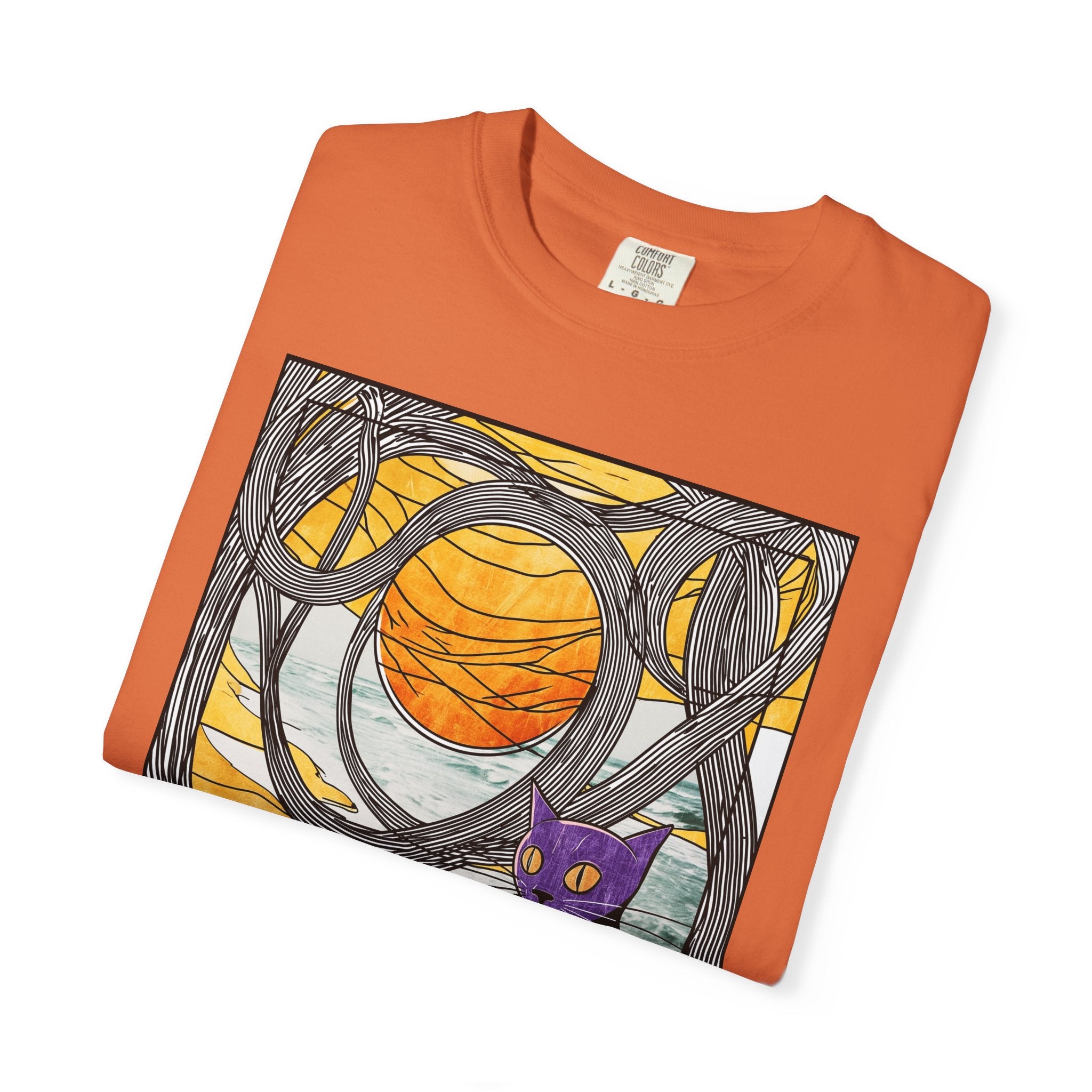 Cat Moon T-Shirt — Black Cat with Purple Mask & Sunset Stained-Glass Design