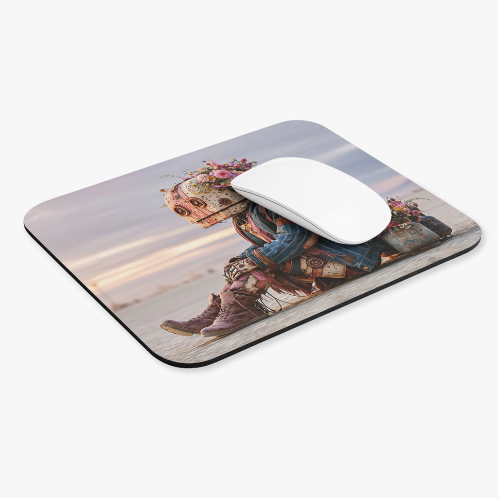 Rustic Floral Robot Mouse Pad — Cute Steampunk Desk Mat for Gamers & Creatives