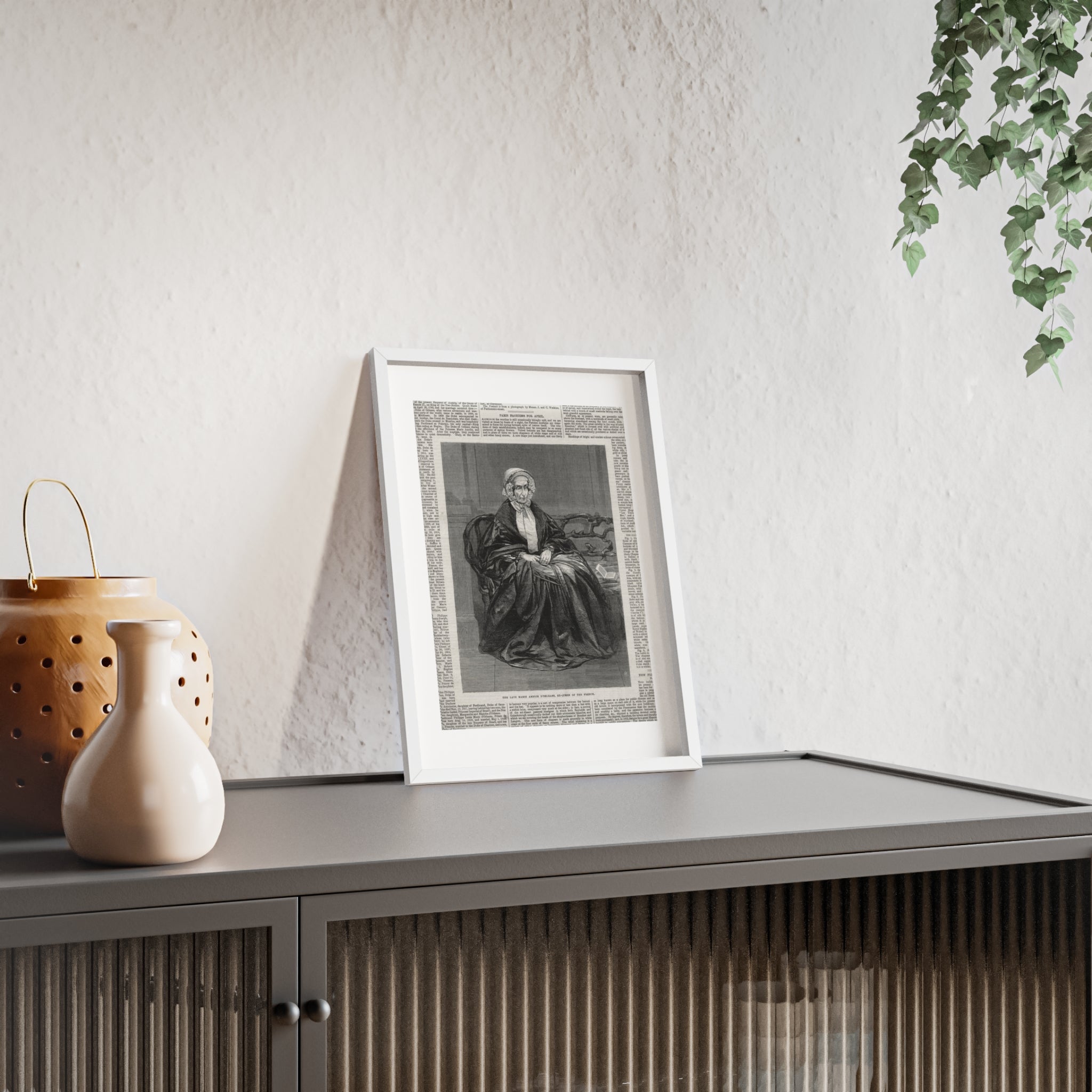 The Late Marie Amelie D'Orleans, Ex-Queen of the French. Vintage Portrait Newspaper Art Poster with Black Wooden Frame