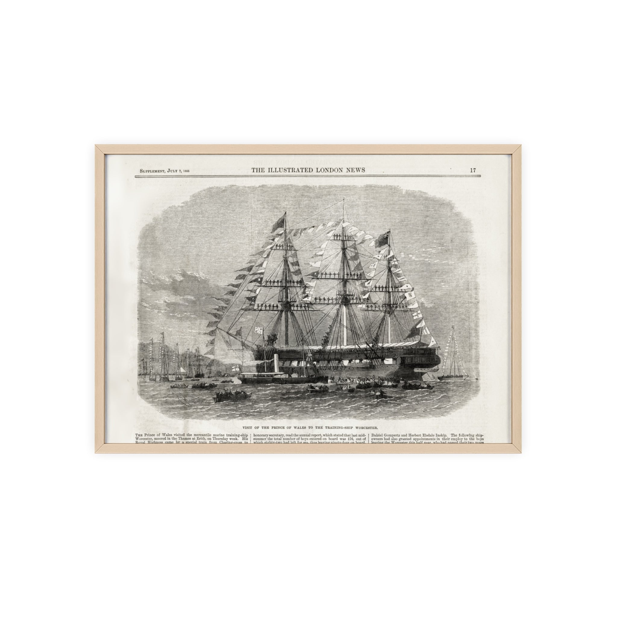 Visit of the Prince of Wales to the Training-Ship Worcester. Framed Vintage Sailing Ship Poster — Nautical Wall Art with Wooden Frame